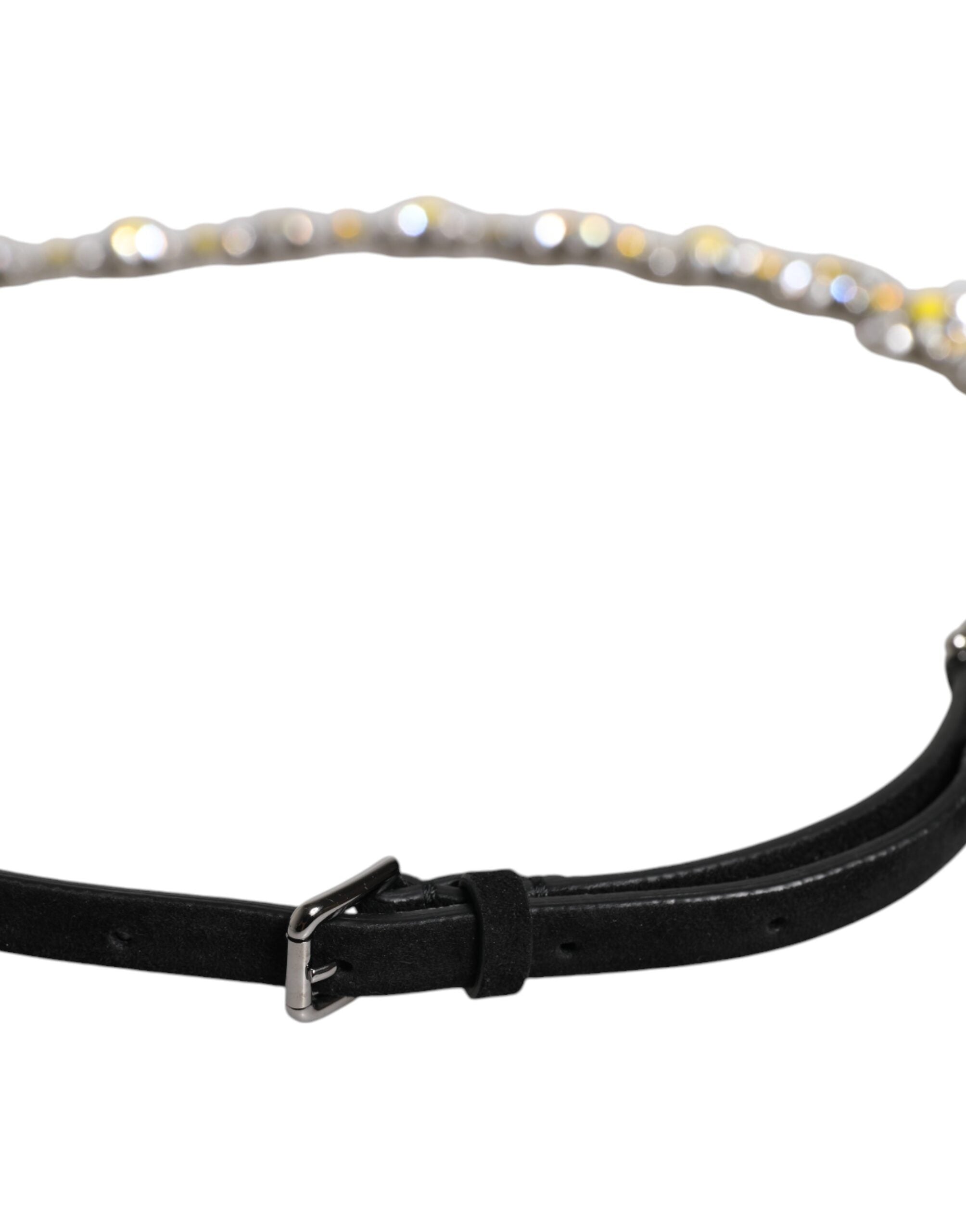 Dolce & Gabbana Black Leather Daisy Crystal Embellish Waist Belt - Luxe Nova
