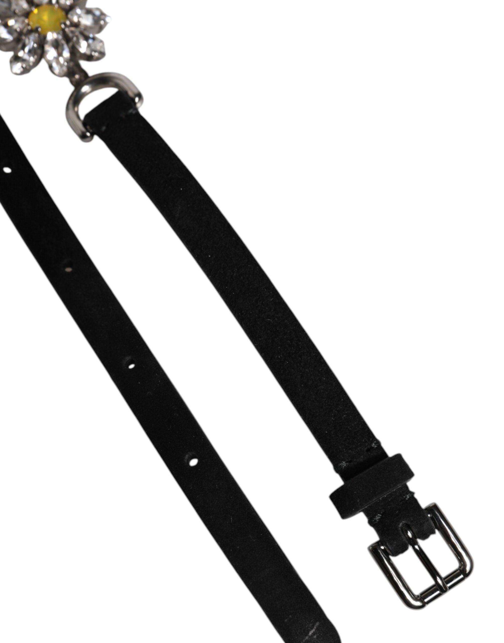 Dolce & Gabbana Black Leather Daisy Crystal Embellish Waist Belt - Luxe Nova