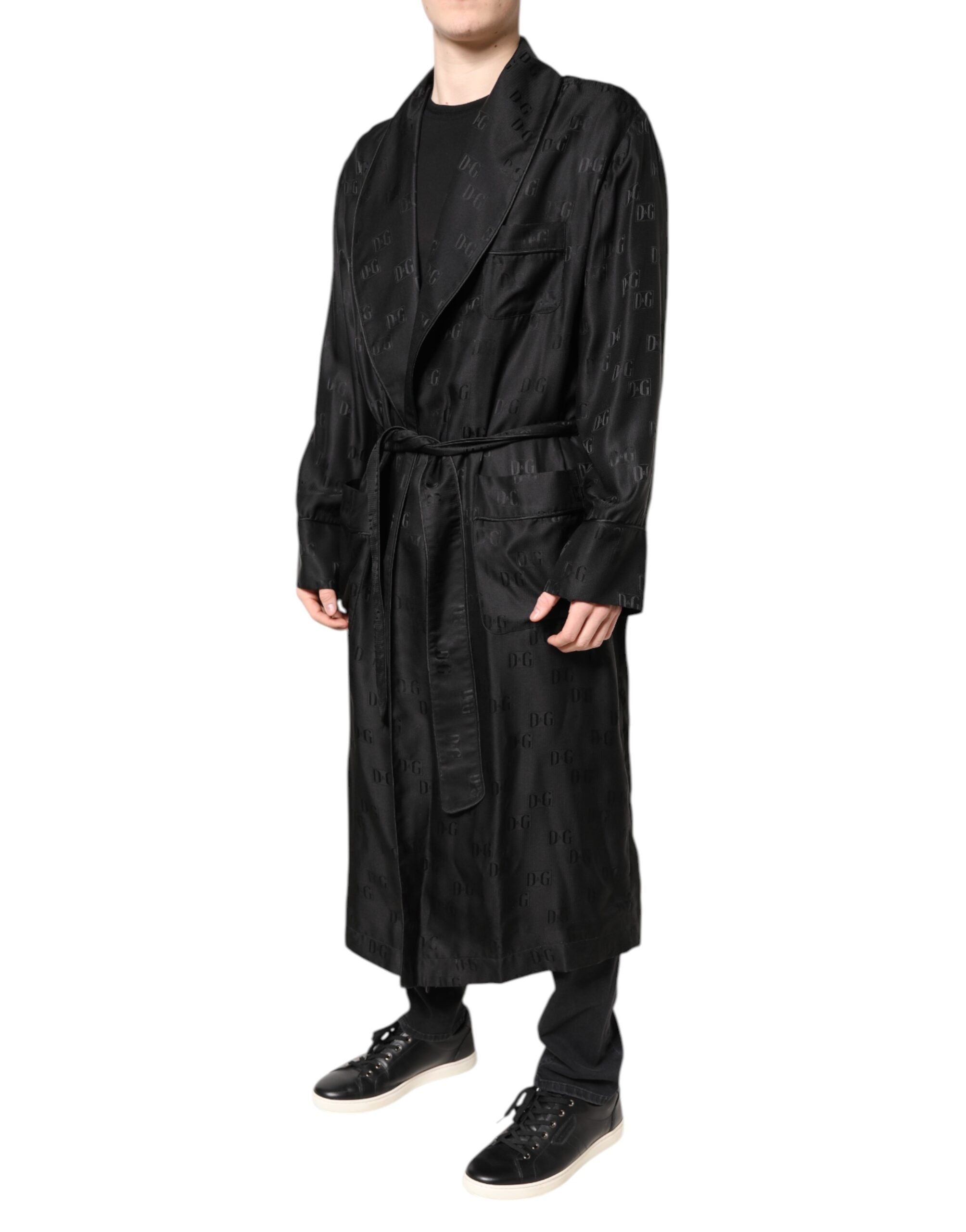 Dolce & Gabbana Black Silk DG Logo Men Wrap Robe Coat Jacket