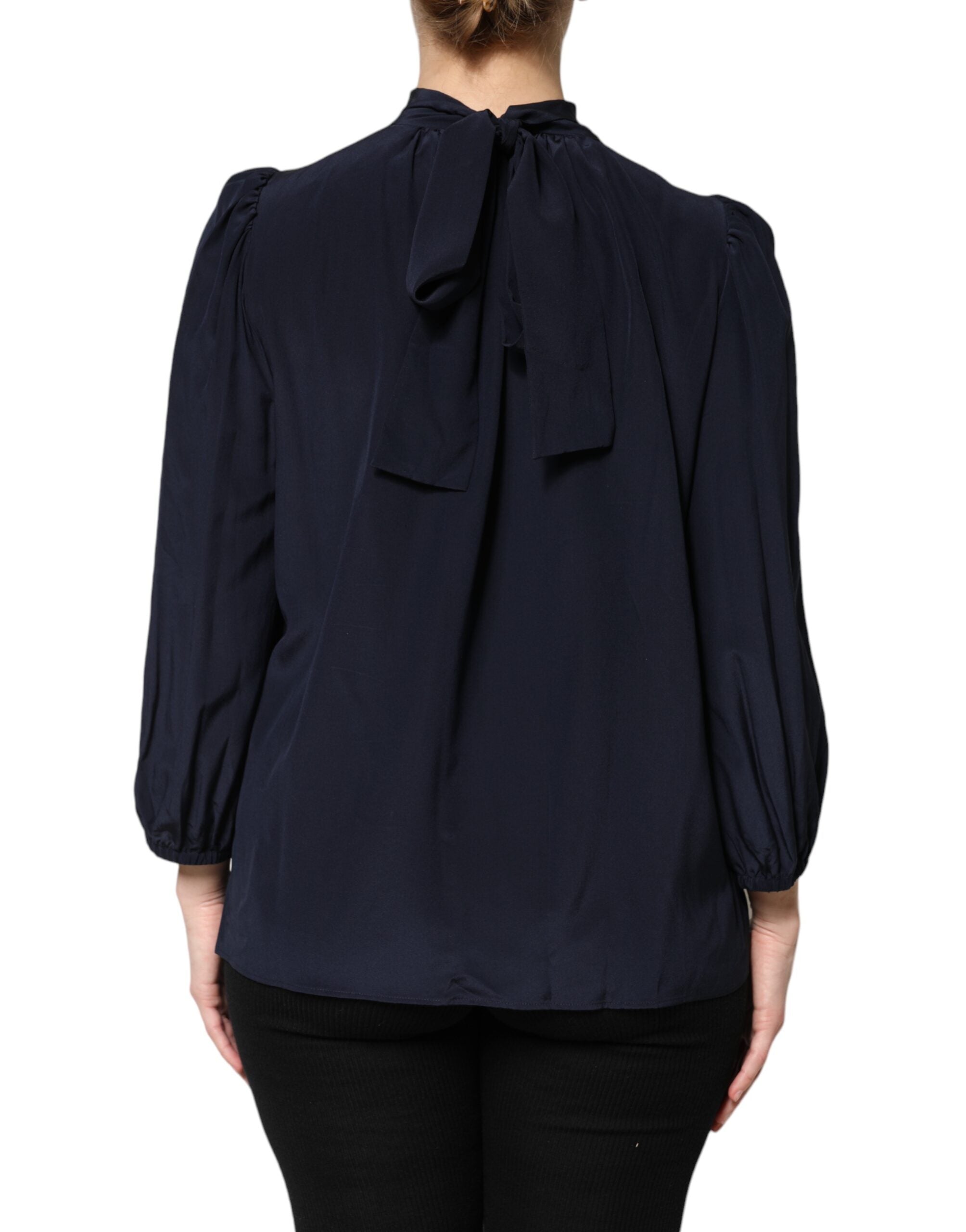 Dolce & Gabbana Blue Silk Mock Neck Long Sleeves Blouse Top