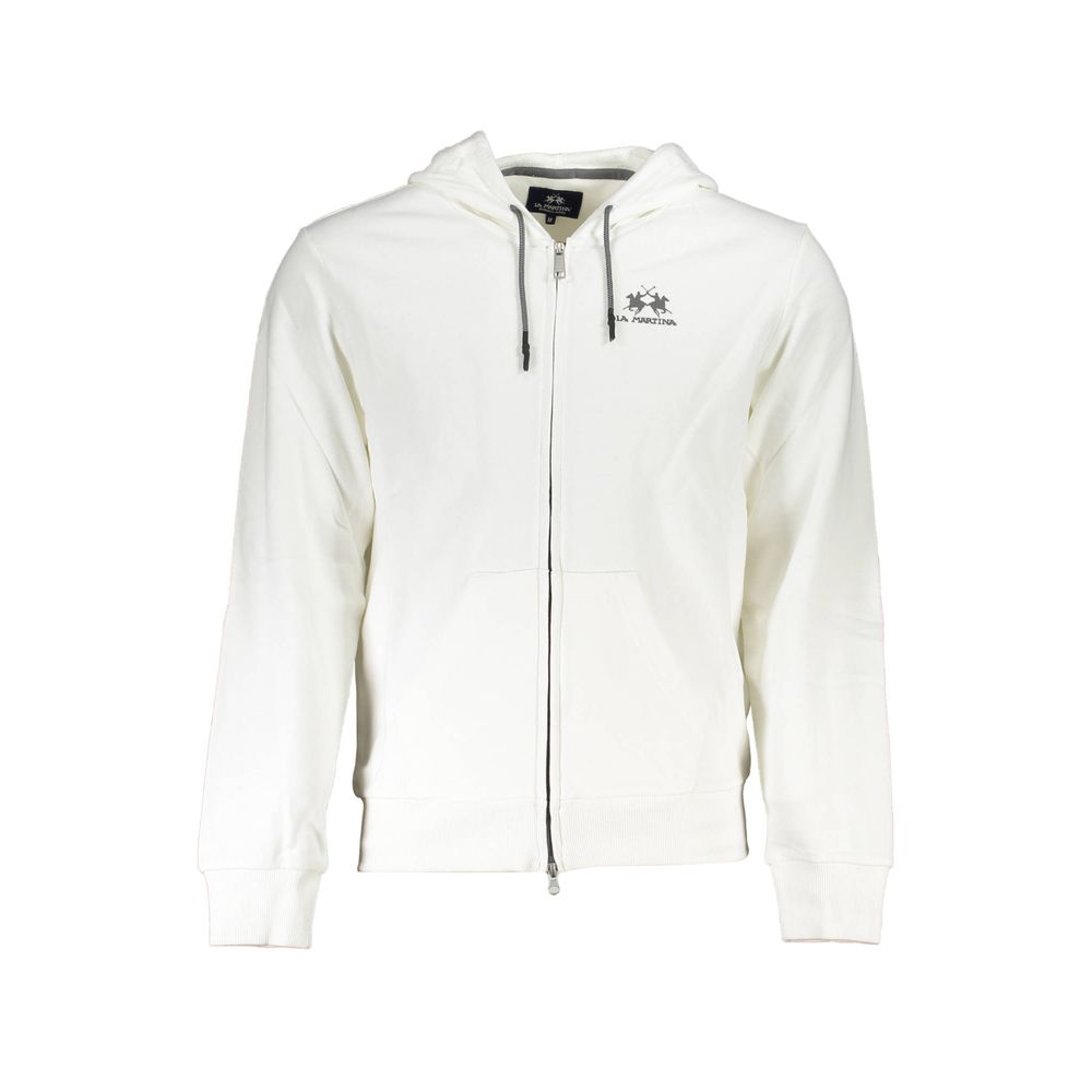 La Martina White Cotton Men Sweater with Hood and Zip Pockets - Luxe Nova