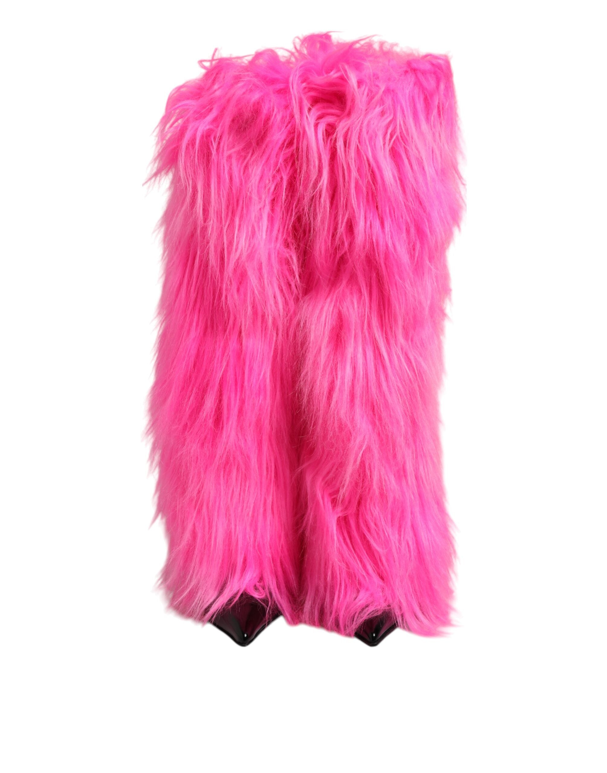 Dolce & Gabbana Pink Faux Fur Leather High Heels Boots Shoes