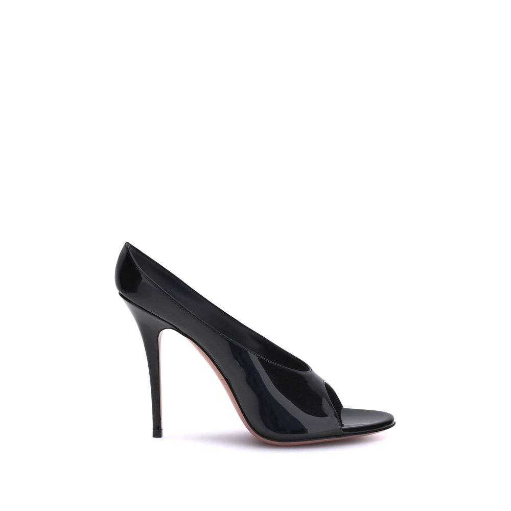 Amina Muaddi Black Calf Leather Bos Taurus Stiletto Heel Sandals - Luxe Nova