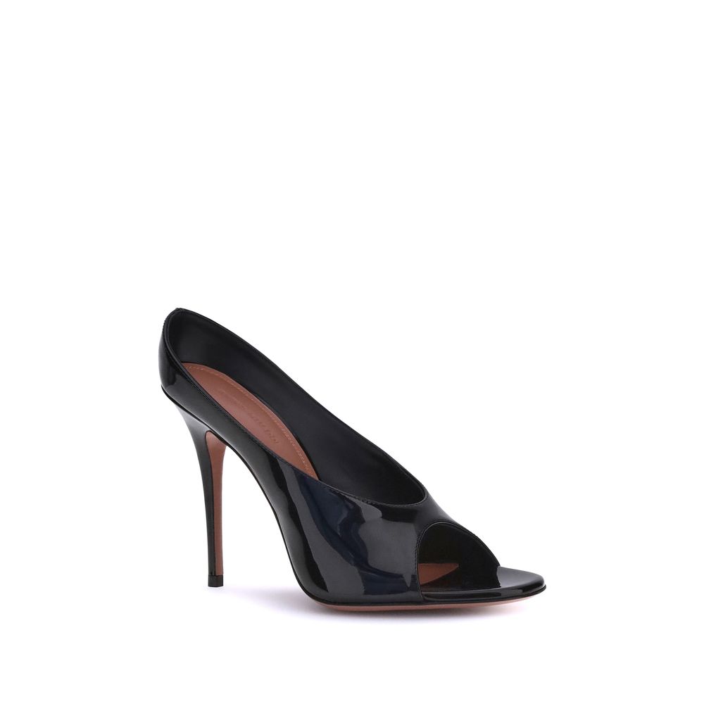 Amina Muaddi Black Calf Leather Bos Taurus Stiletto Heel Sandals - Luxe Nova