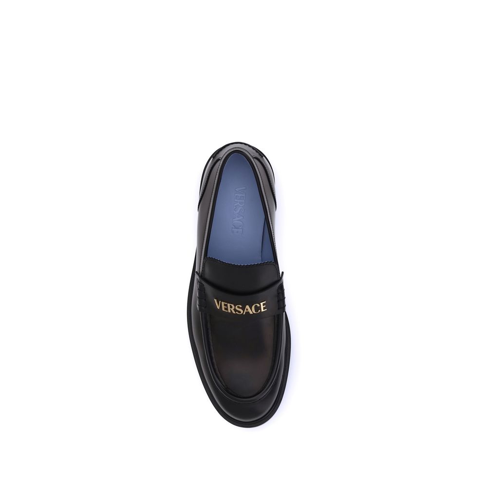 Versace Black Calf Leather Bos Taurus Slip-On Loafers