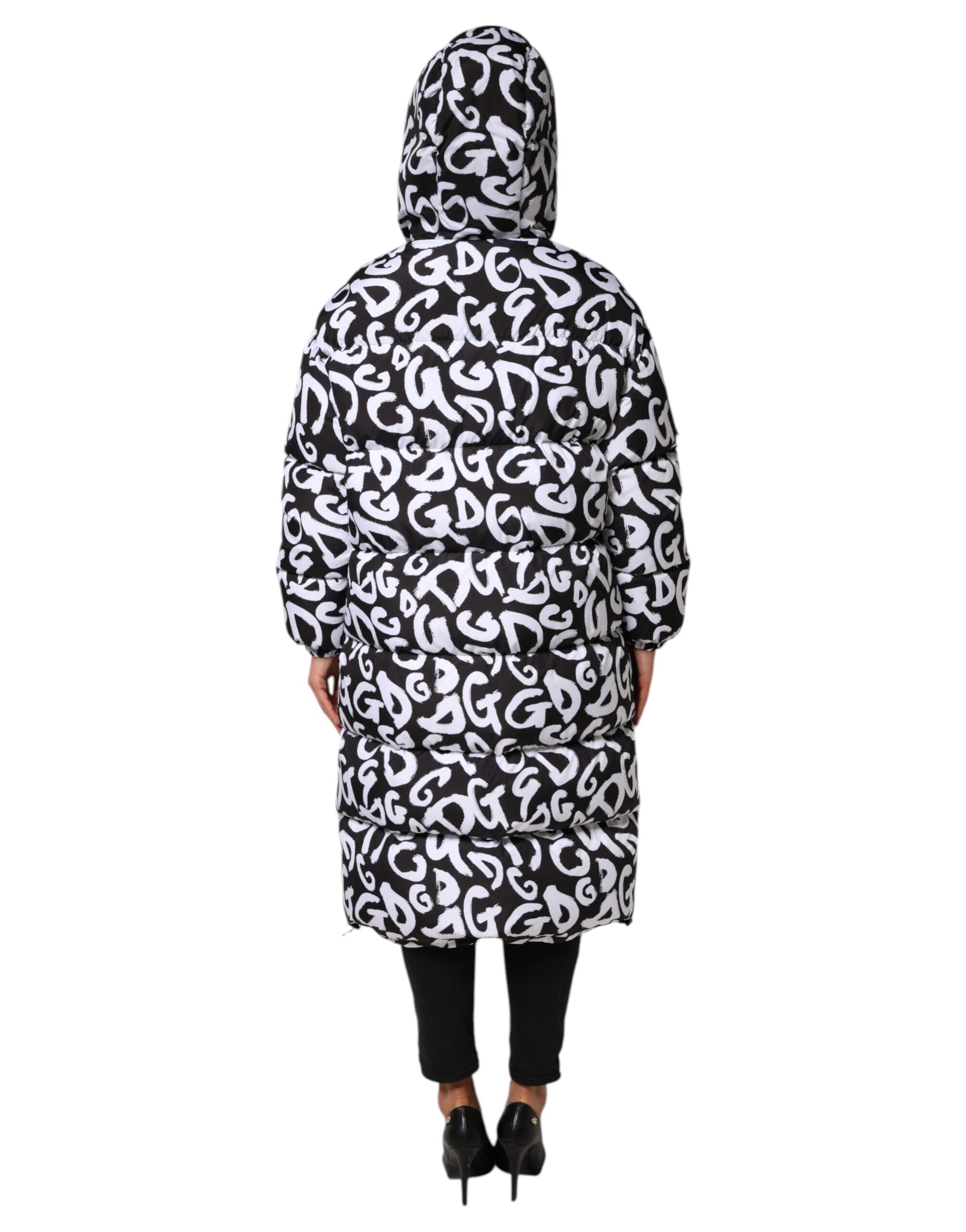 Dolce & Gabbana Black White DG Mania Hooded Long Coat Jacket