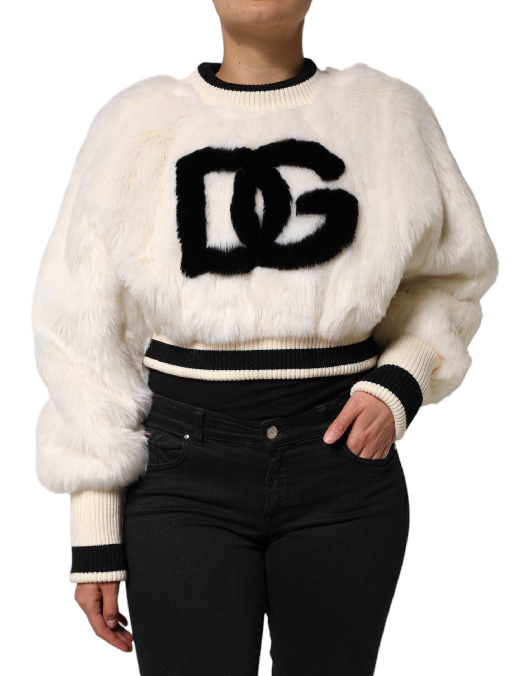 Dolce & Gabbana White Cropped Faux Fur DG Sweatshirt Sweater - Luxe Nova