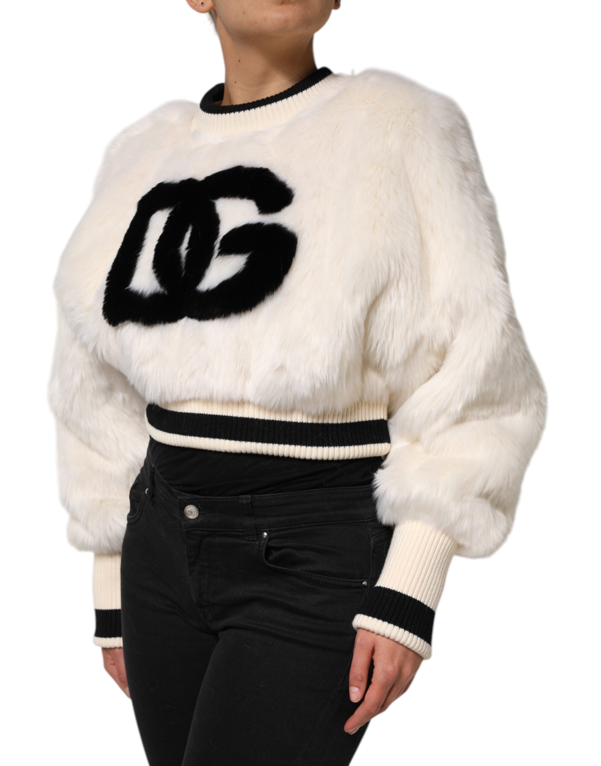 Dolce & Gabbana White Cropped Faux Fur DG Sweatshirt Sweater - Luxe Nova