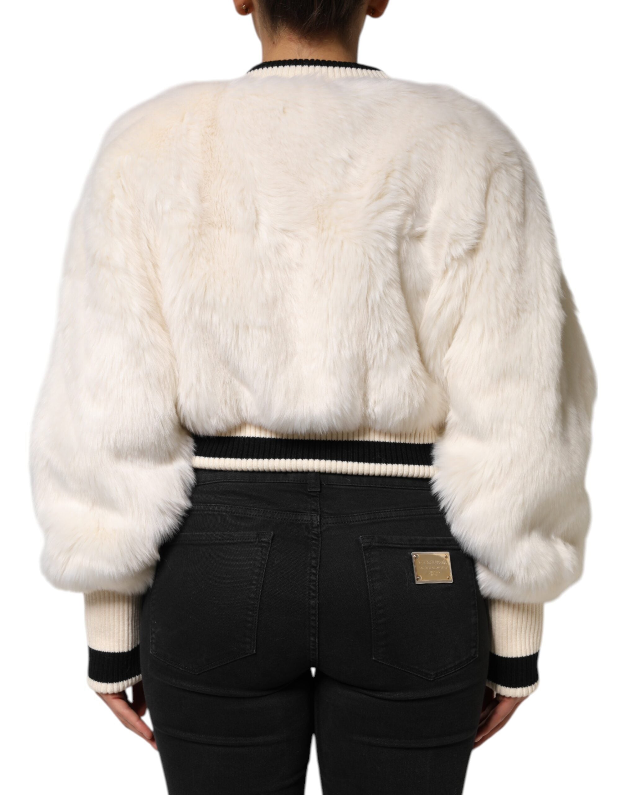 Dolce & Gabbana White Cropped Faux Fur DG Sweatshirt Sweater - Luxe Nova