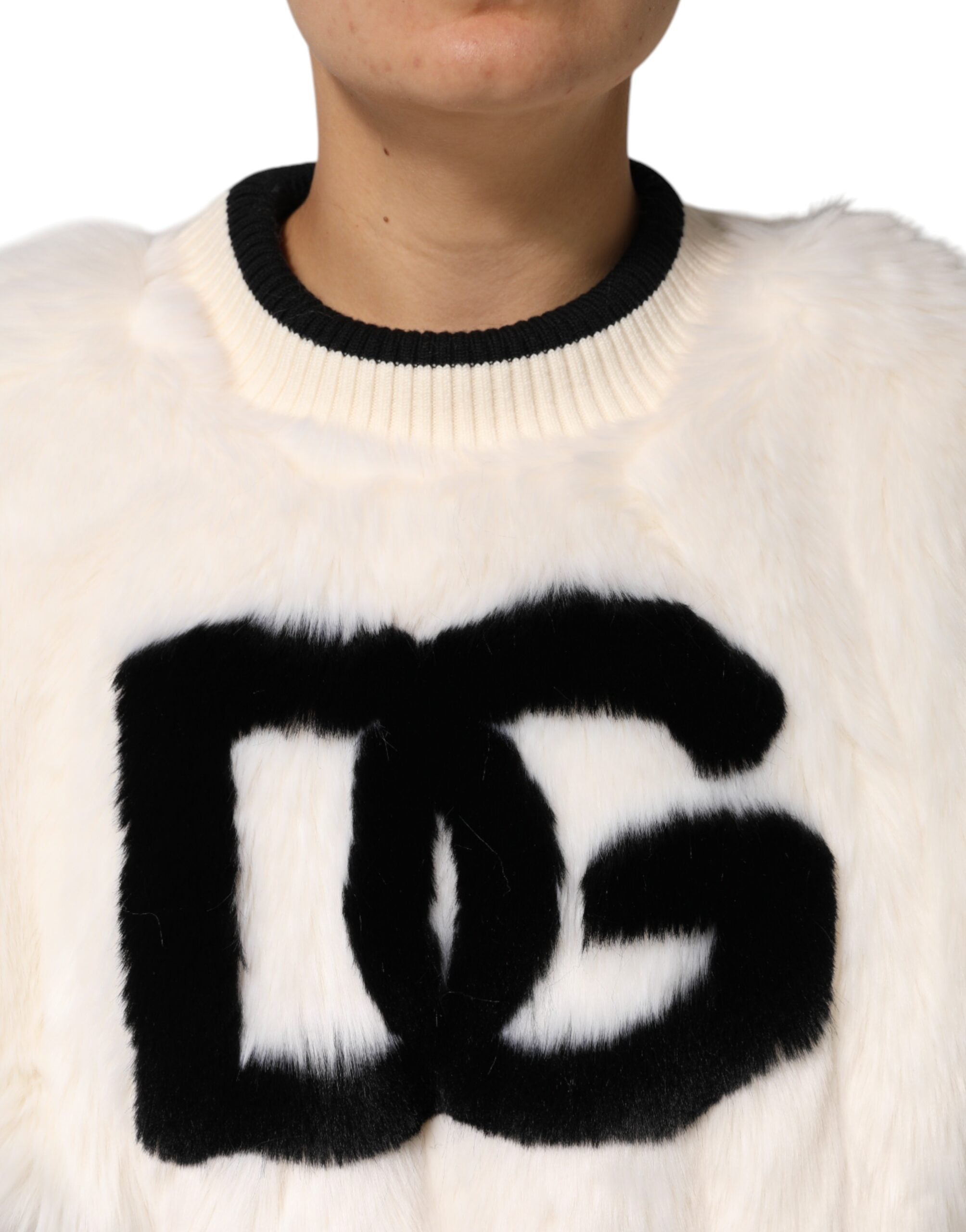 Dolce & Gabbana White Cropped Faux Fur DG Sweatshirt Sweater - Luxe Nova