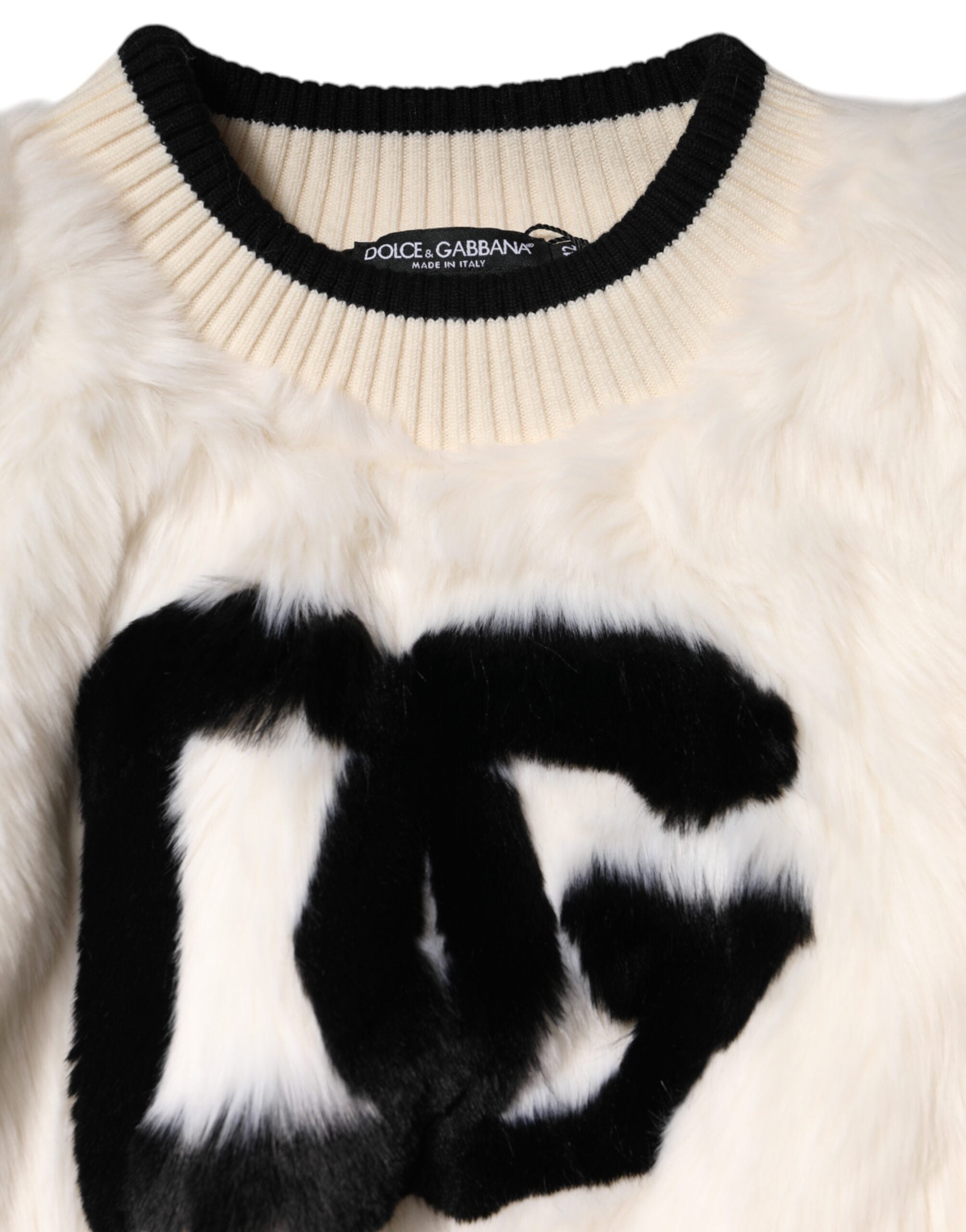 Dolce & Gabbana White Cropped Faux Fur DG Sweatshirt Sweater - Luxe Nova