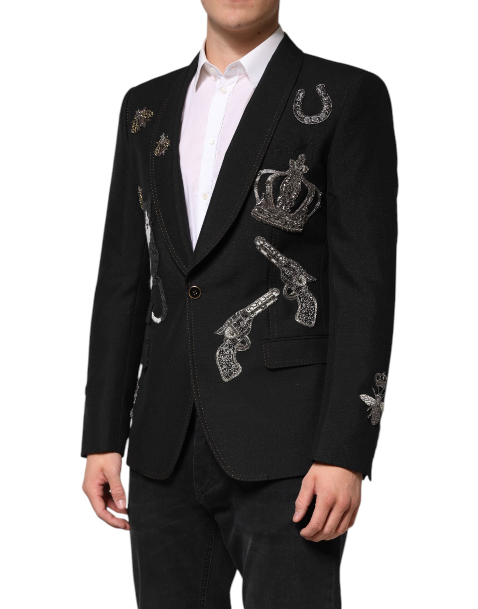 Dolce & Gabbana Black Bee Crown Embellished Suit Coat Blazer - Luxe Nova