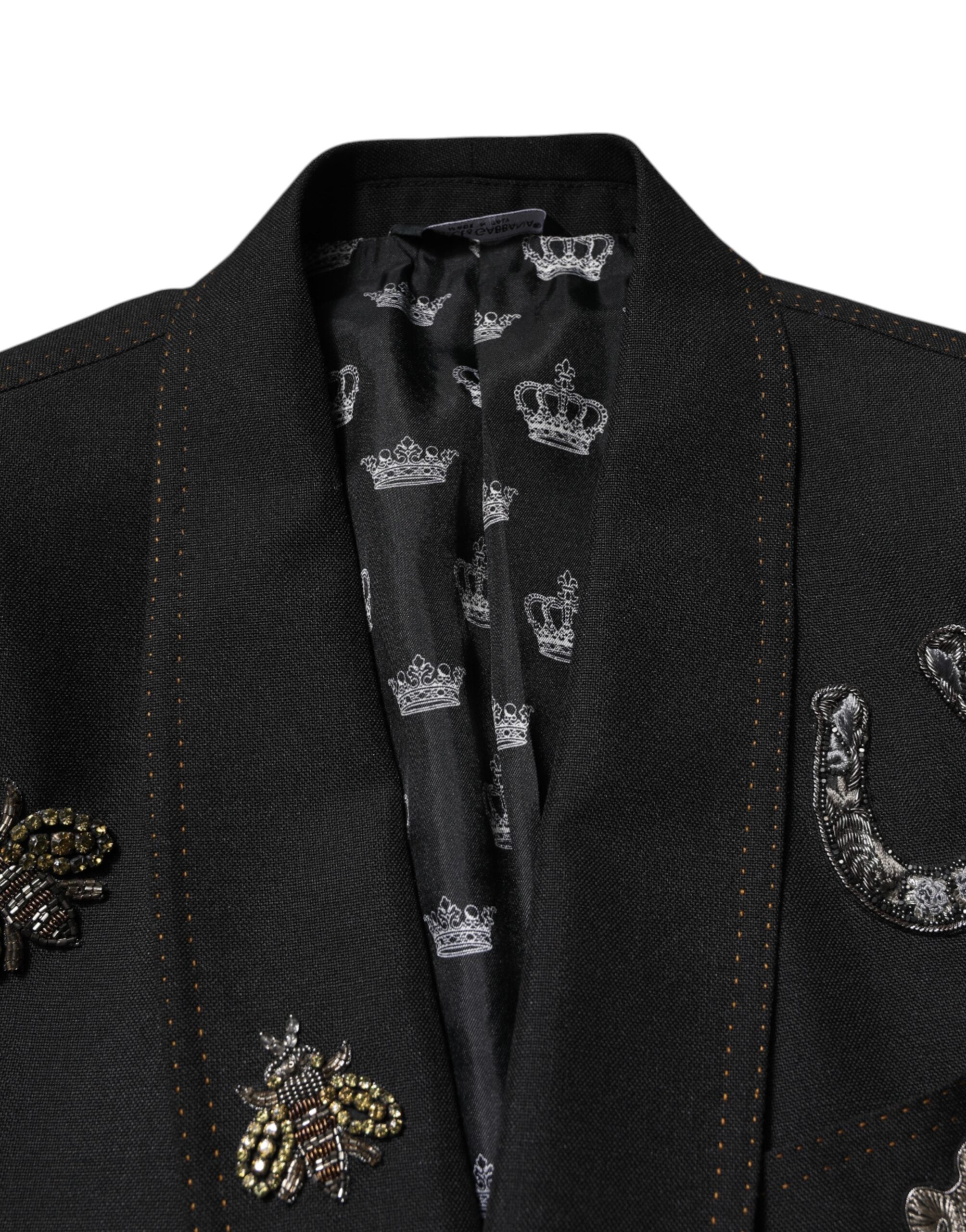 Dolce & Gabbana Black Bee Crown Embellished Suit Coat Blazer - Luxe Nova