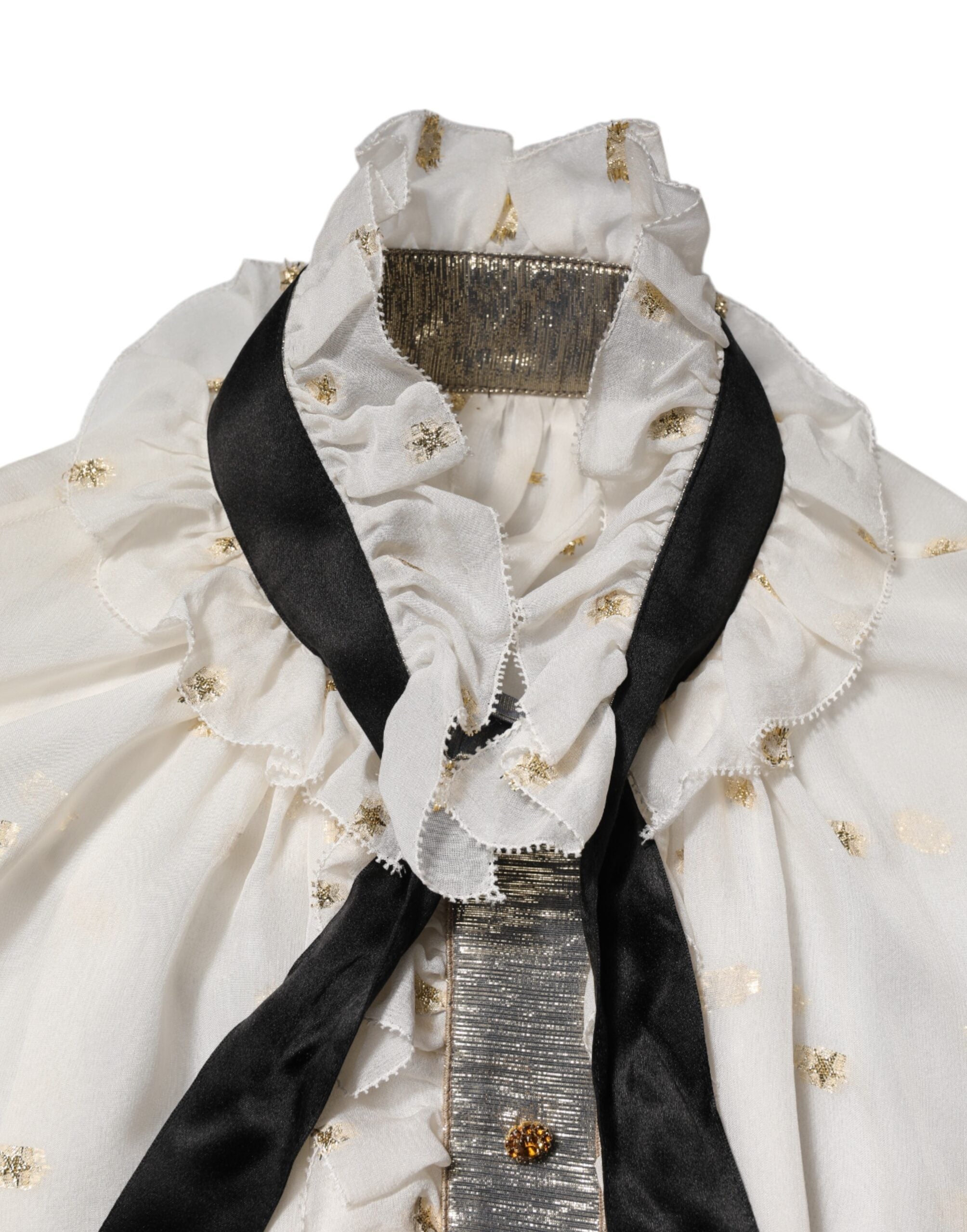 Dolce & Gabbana White Black Silk Long Sleeve Ascot Collar Top