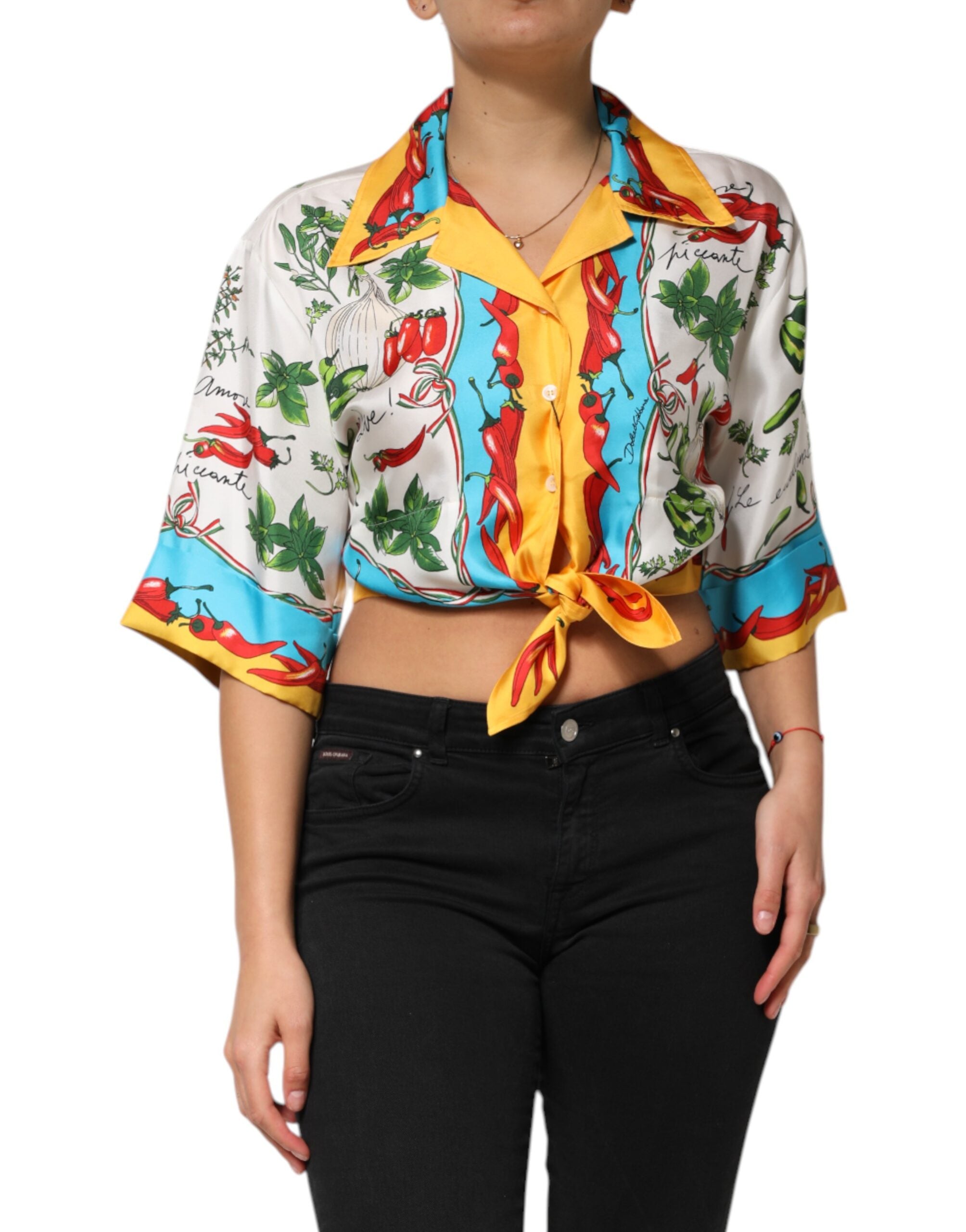 Dolce & Gabbana Multicolor Chili Silk Cropped Blouse Top - Luxe Nova