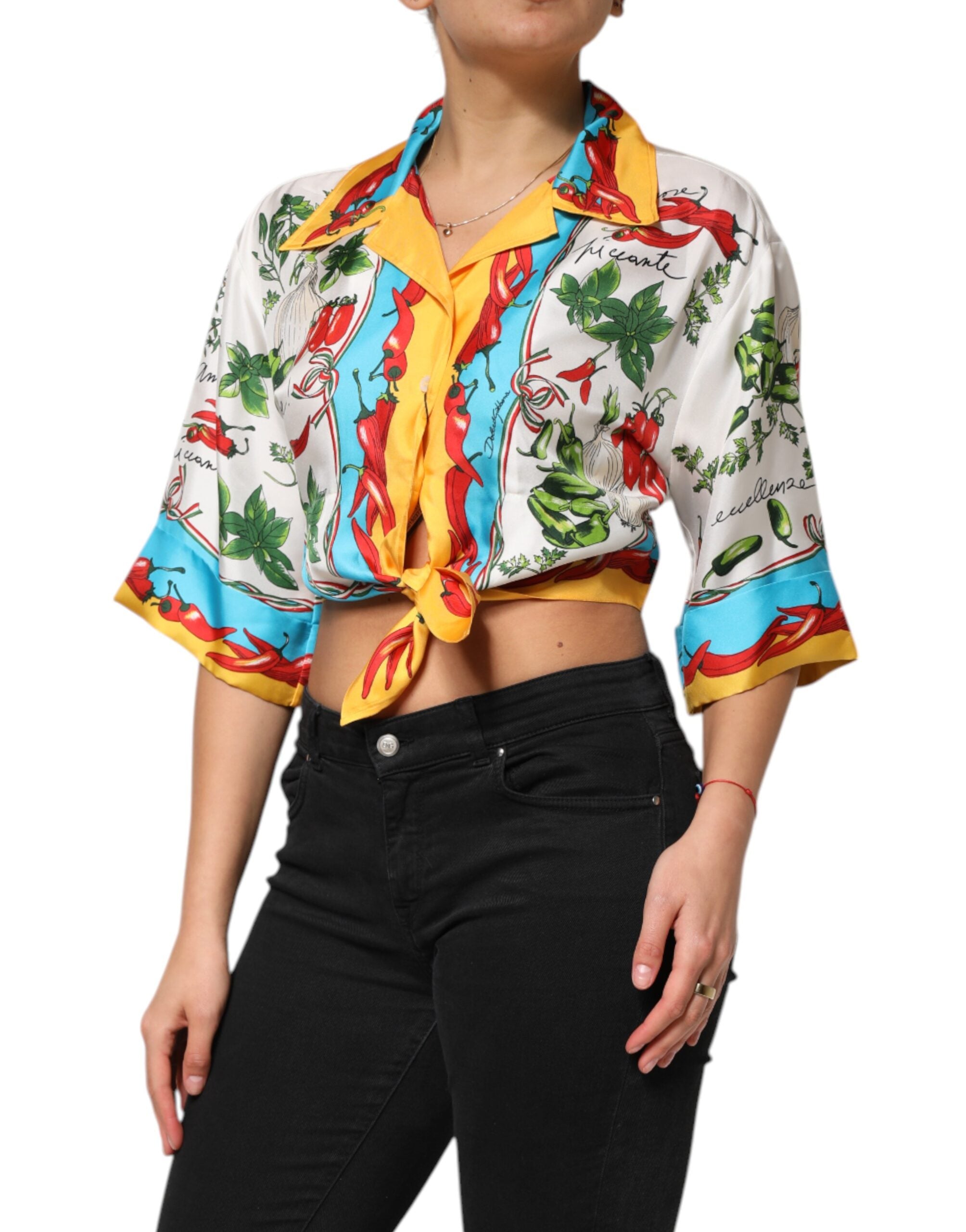Dolce & Gabbana Multicolor Chili Silk Cropped Blouse Top - Luxe Nova