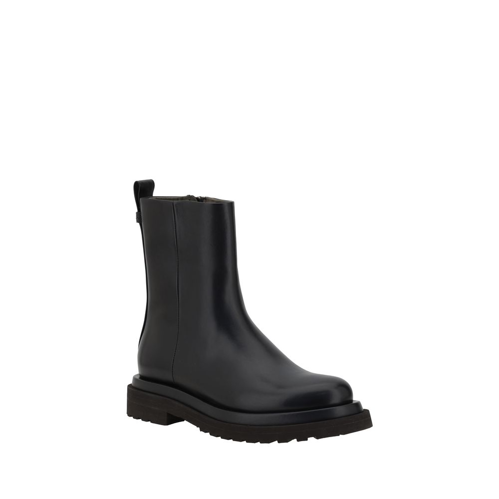 Brunello Cucinelli Black Calf Leather Bos Taurus Ankle Boots - Luxe Nova
