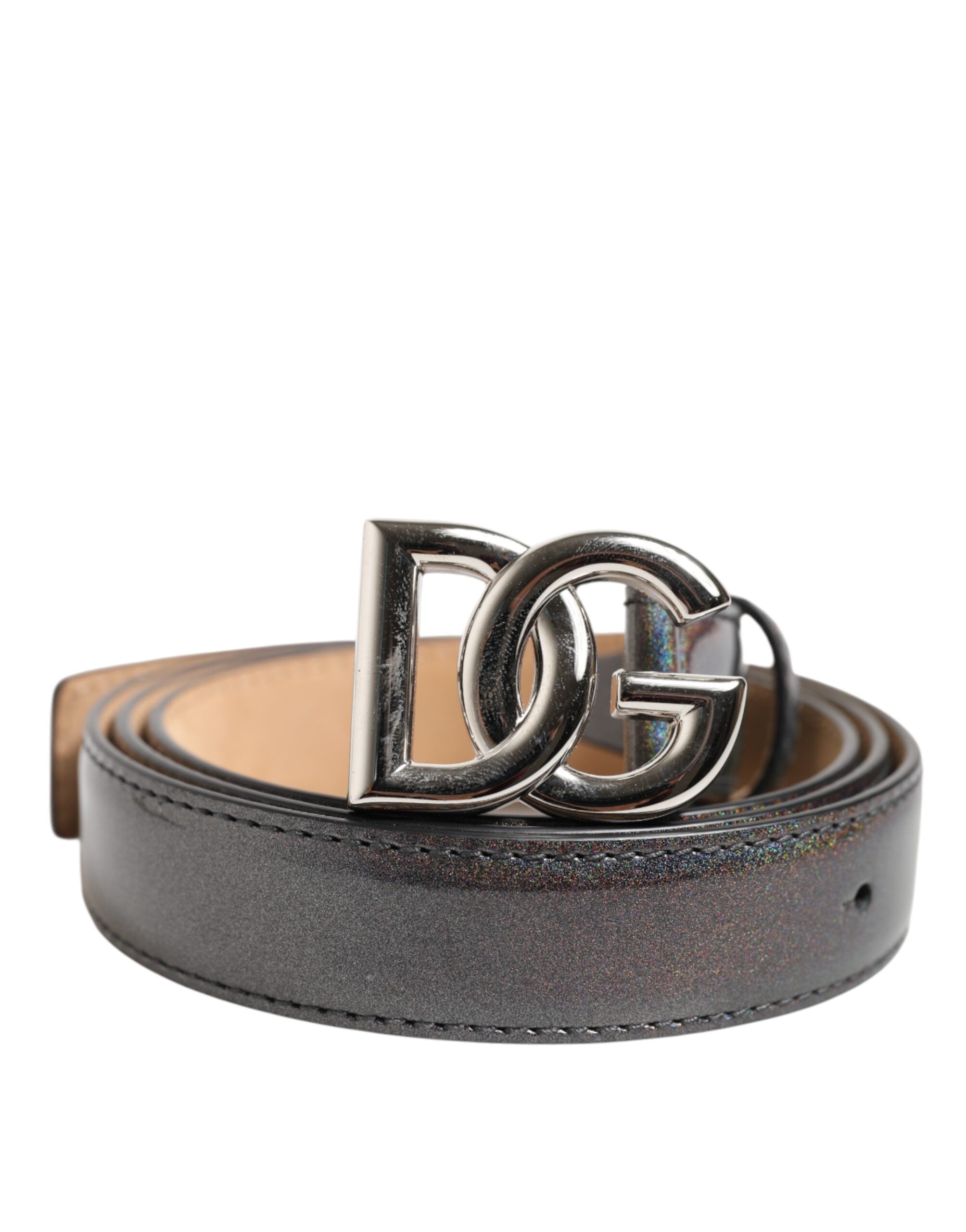 Dolce & Gabbana Metallic Leather Silver Tone Logo Buckle Belt - Luxe Nova