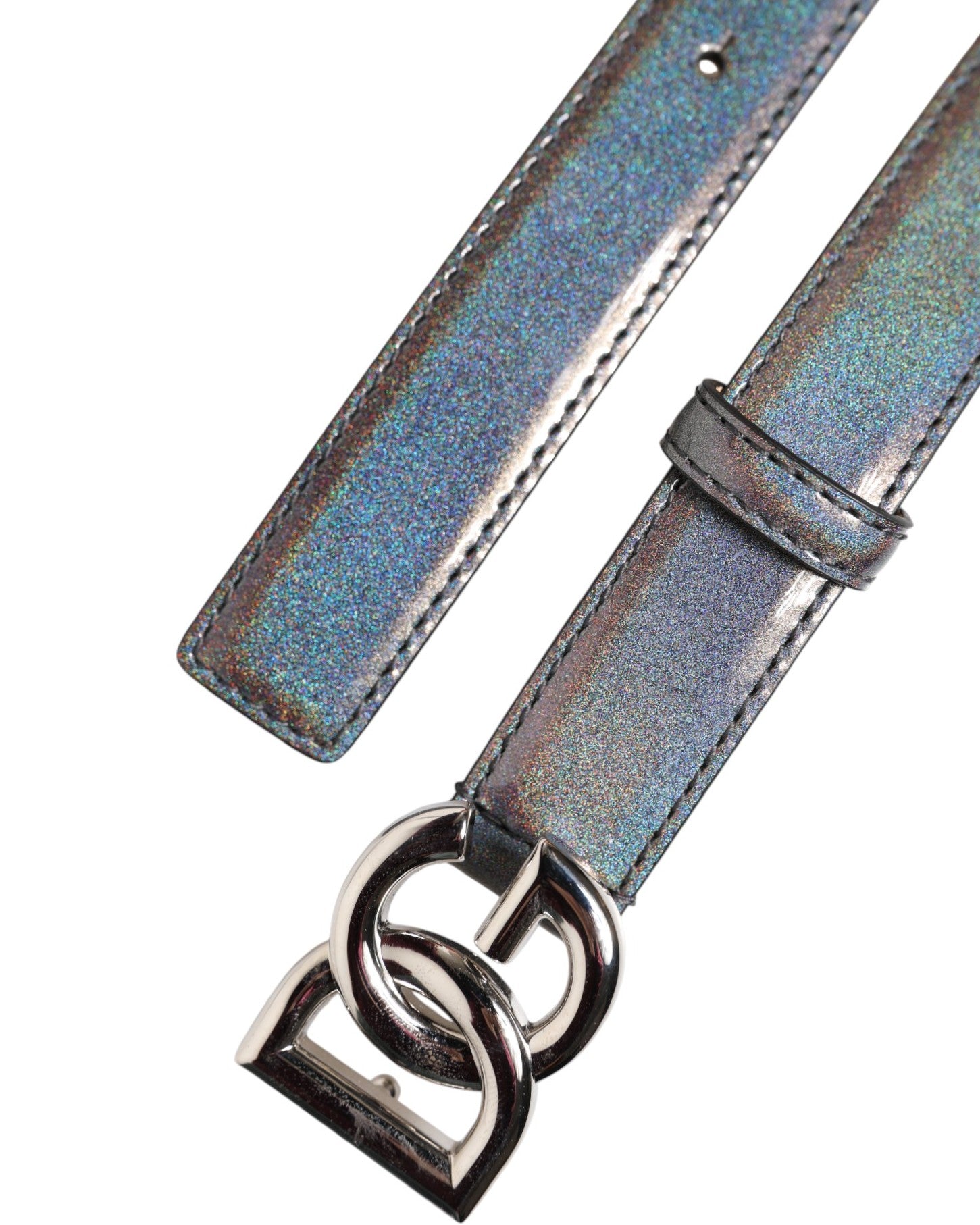 Dolce & Gabbana Metallic Leather Silver Tone Logo Buckle Belt - Luxe Nova