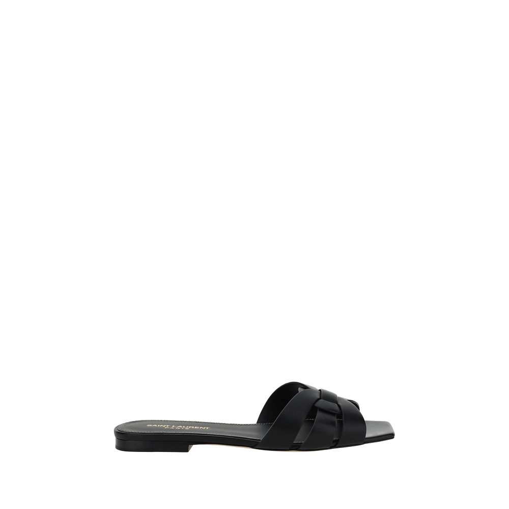 Saint Laurent Black Calf Leather Bos Taurus Flat Sandals - Luxe Nova