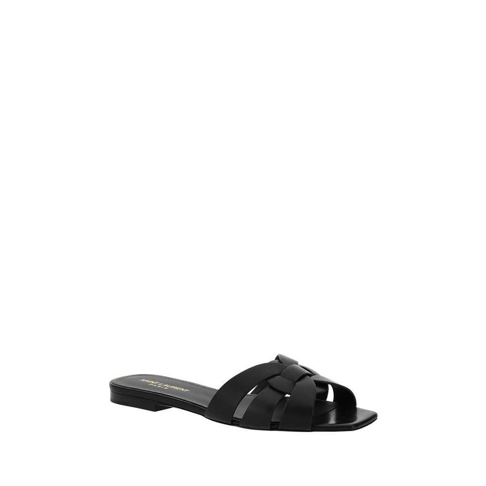 Saint Laurent Black Calf Leather Bos Taurus Flat Sandals - Luxe Nova