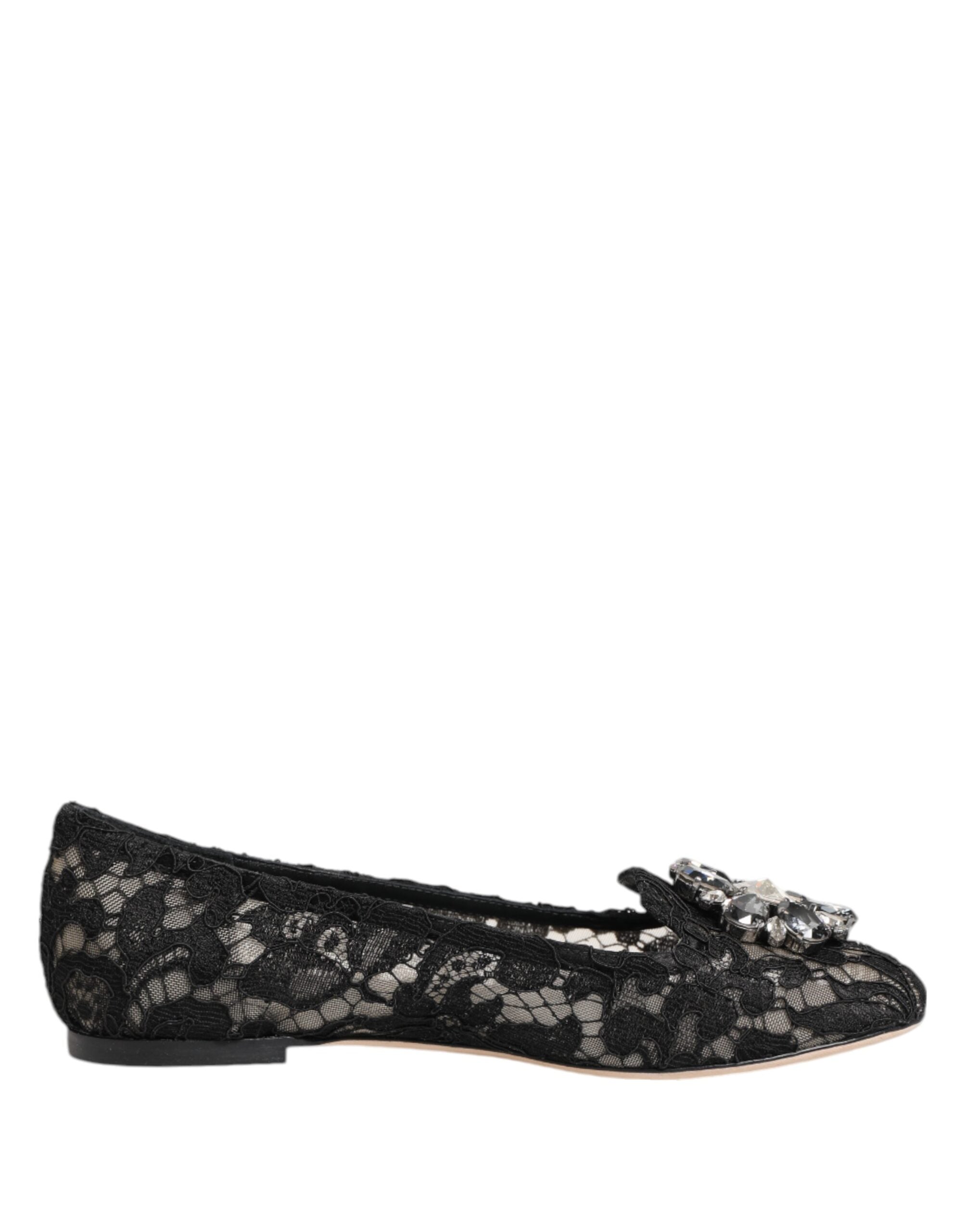 Dolce & Gabbana Black Taormina Lace Crystals Flats Shoes - Luxe Nova