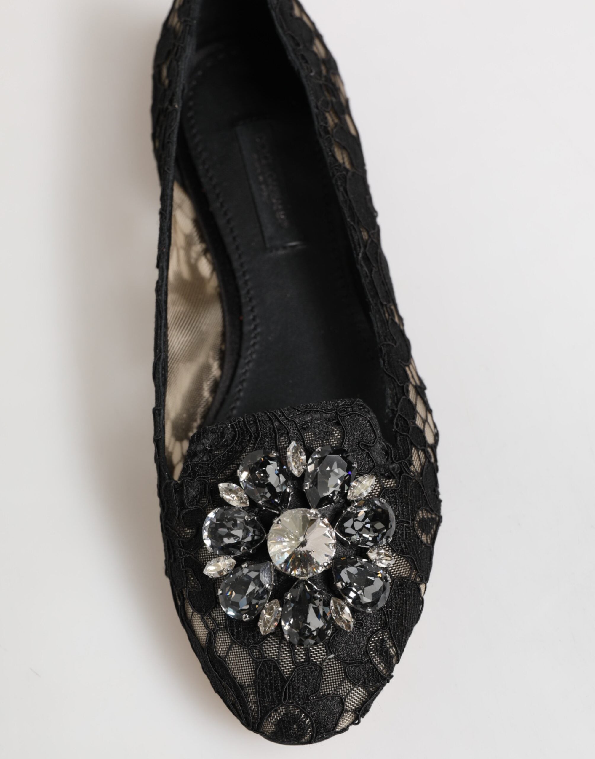 Dolce & Gabbana Black Taormina Lace Crystals Flats Shoes - Luxe Nova
