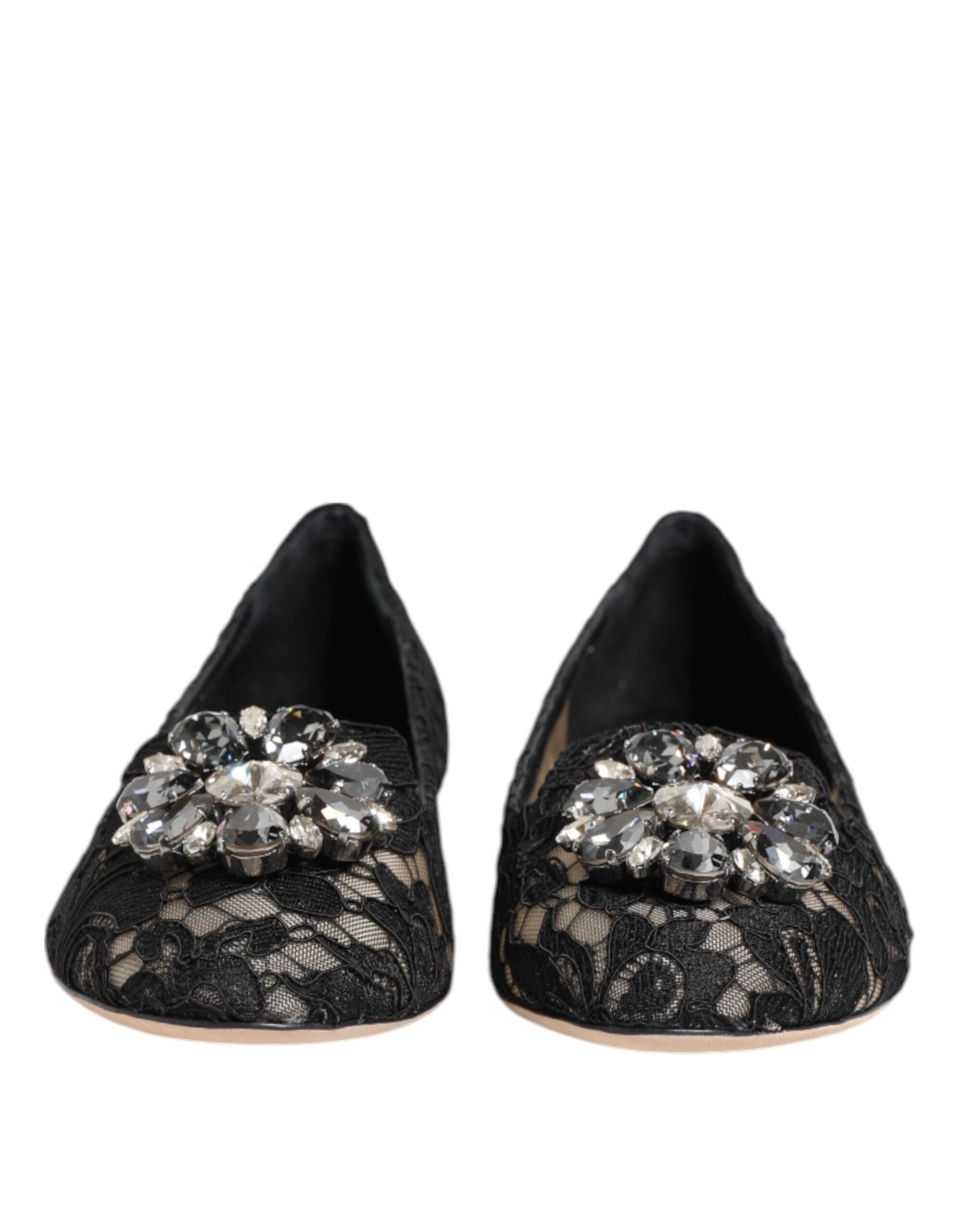 Dolce & Gabbana Black Taormina Lace Crystals Flats Shoes - Luxe Nova