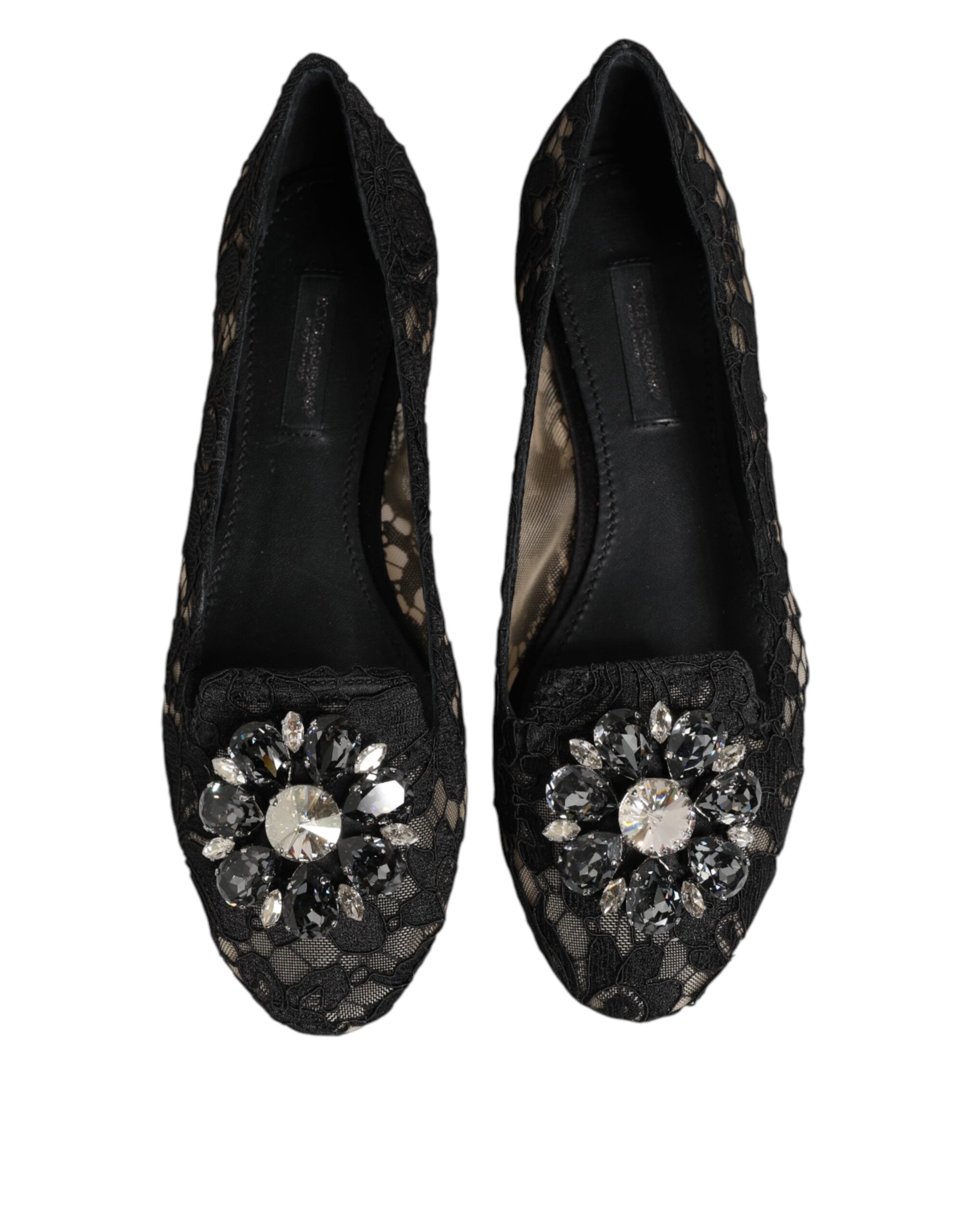Dolce & Gabbana Black Taormina Lace Crystals Flats Shoes - Luxe Nova