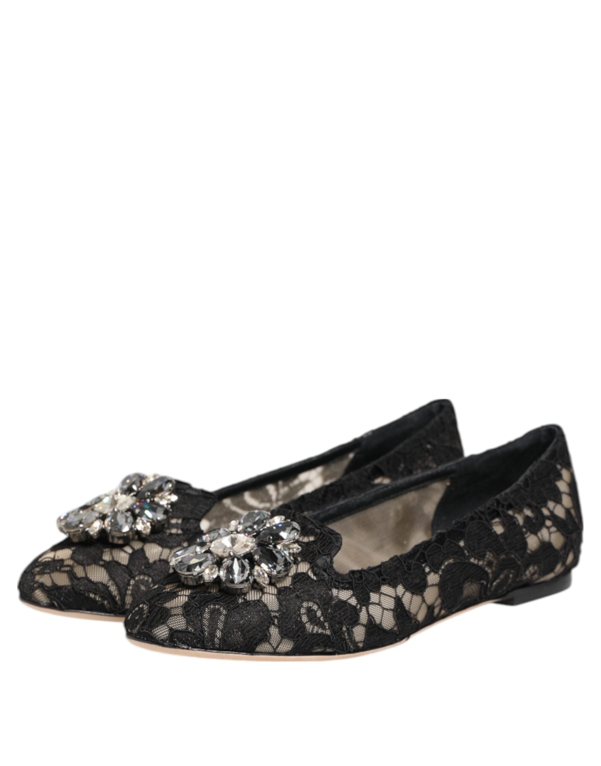 Dolce & Gabbana Black Taormina Lace Crystals Flats Shoes - Luxe Nova