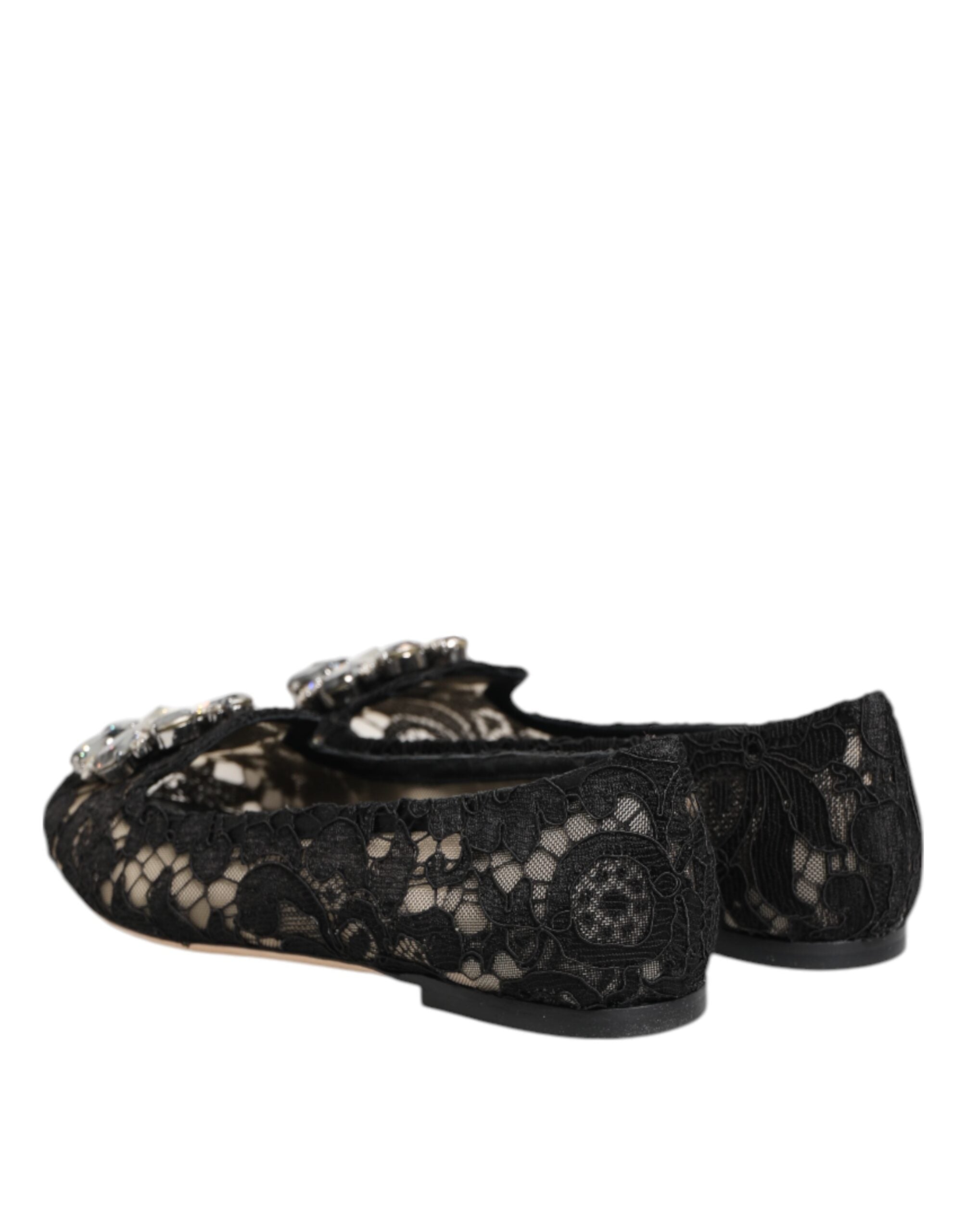 Dolce & Gabbana Black Taormina Lace Crystals Flats Shoes - Luxe Nova