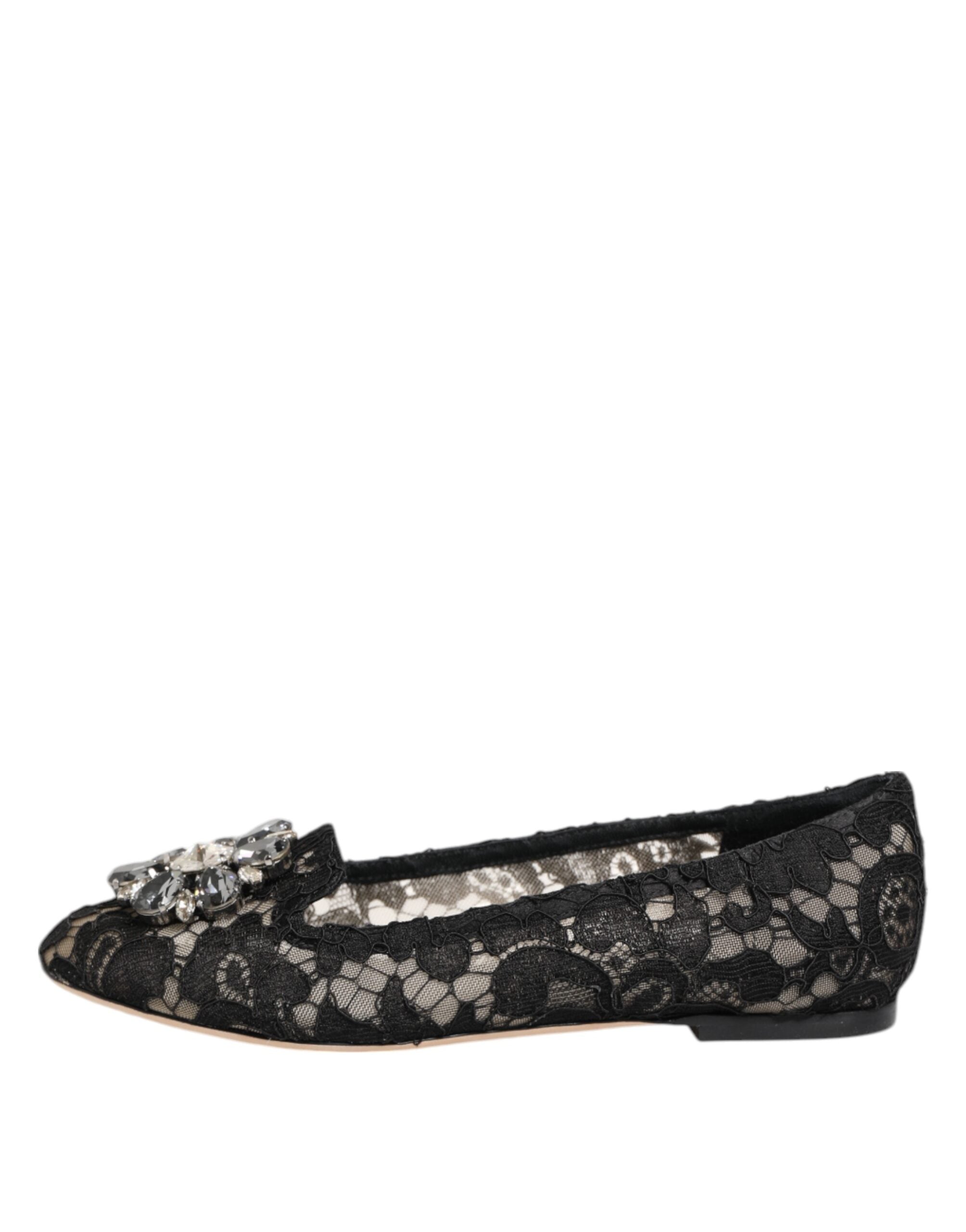 Dolce & Gabbana Black Taormina Lace Crystals Flats Shoes - Luxe Nova
