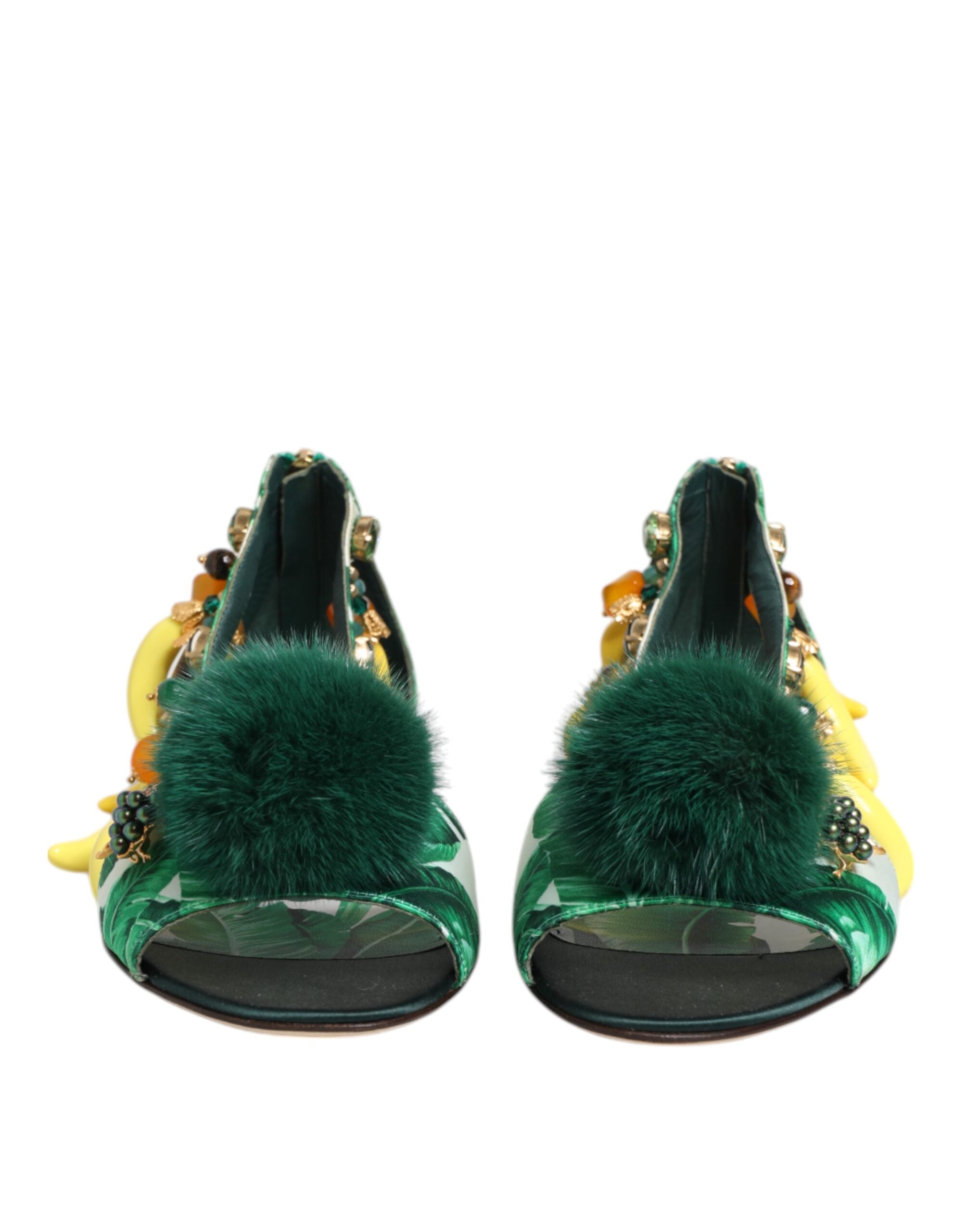 Dolce & Gabbana Green Mink Fur Satin Banana Leaf Sandals Shoes - Luxe Nova