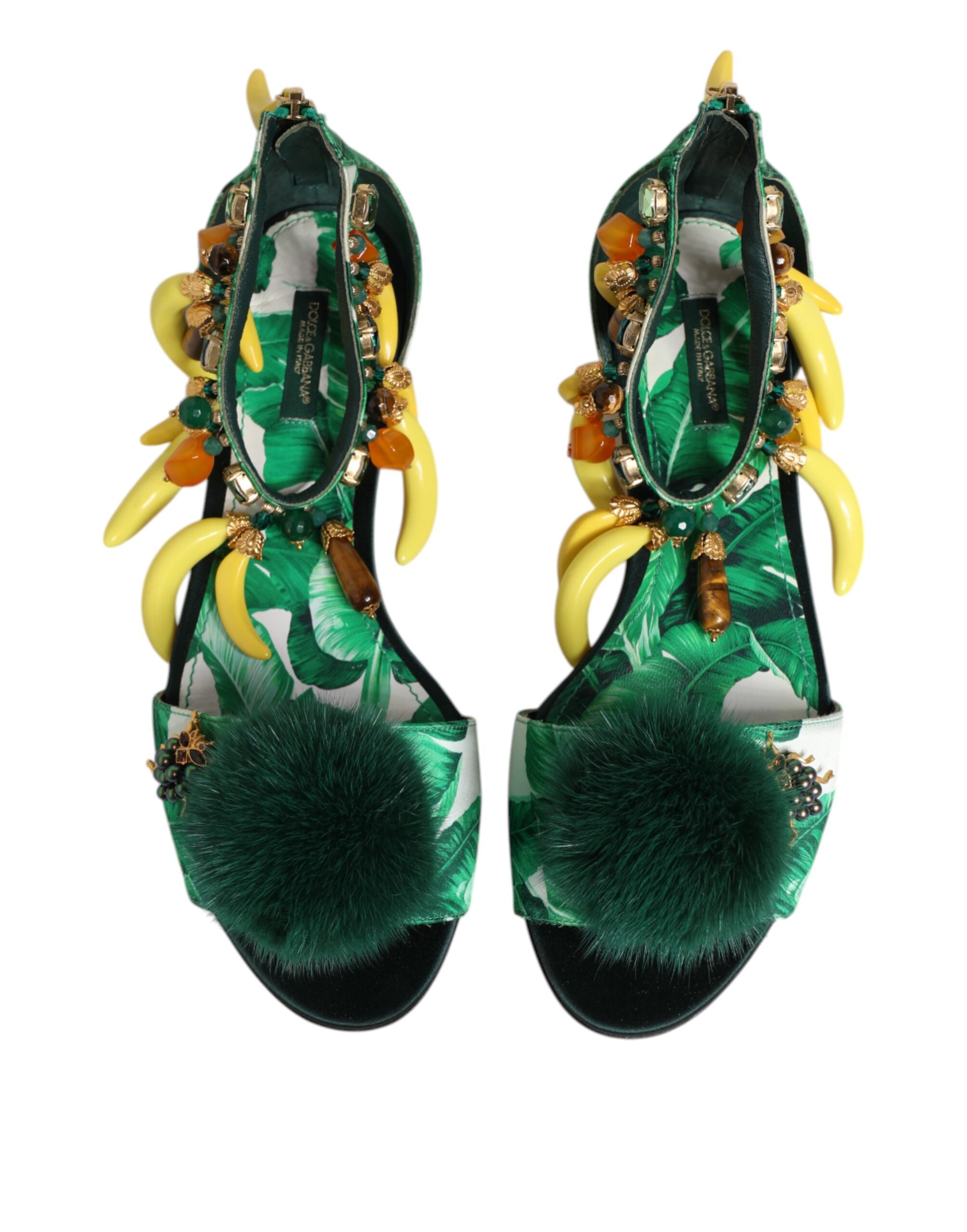 Dolce & Gabbana Green Mink Fur Satin Banana Leaf Sandals Shoes - Luxe Nova