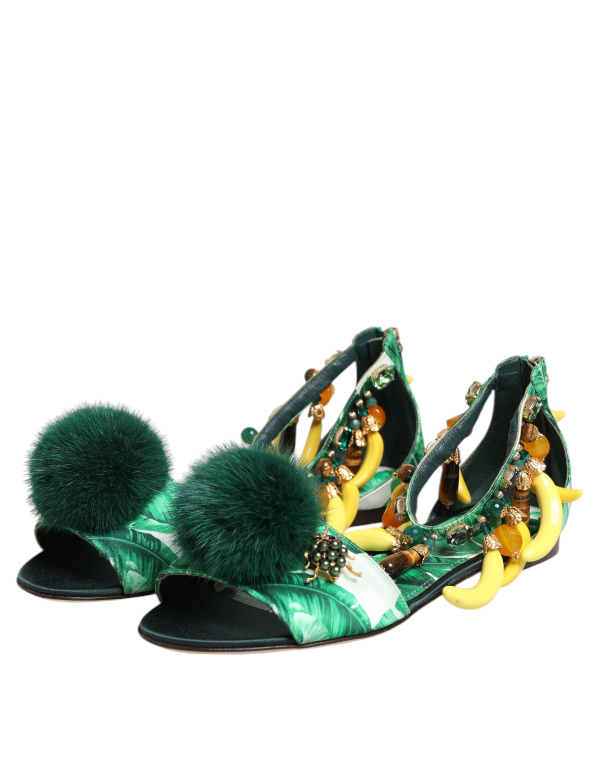 Dolce & Gabbana Green Mink Fur Satin Banana Leaf Sandals Shoes - Luxe Nova