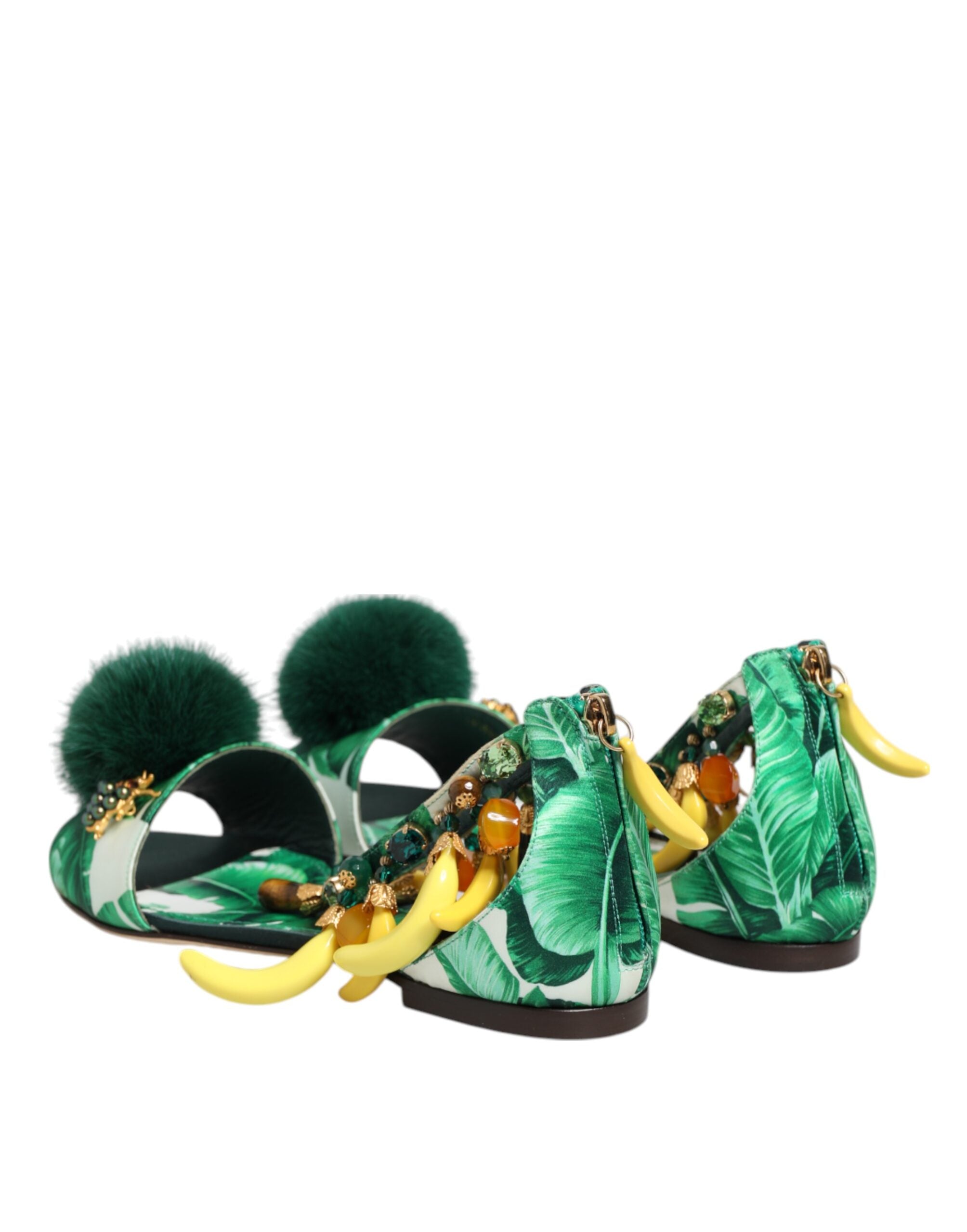 Dolce & Gabbana Green Mink Fur Satin Banana Leaf Sandals Shoes - Luxe Nova