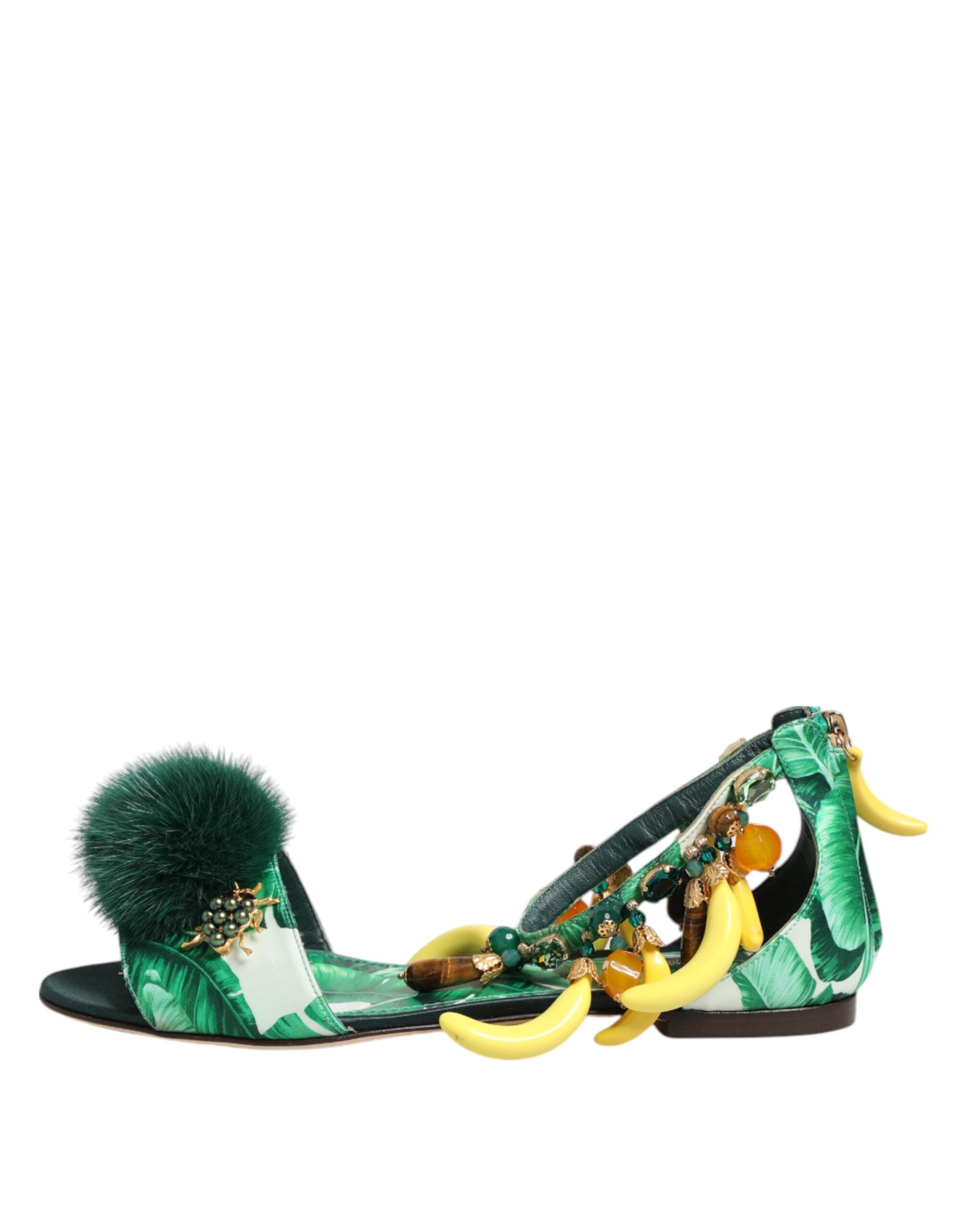 Dolce & Gabbana Green Mink Fur Satin Banana Leaf Sandals Shoes - Luxe Nova