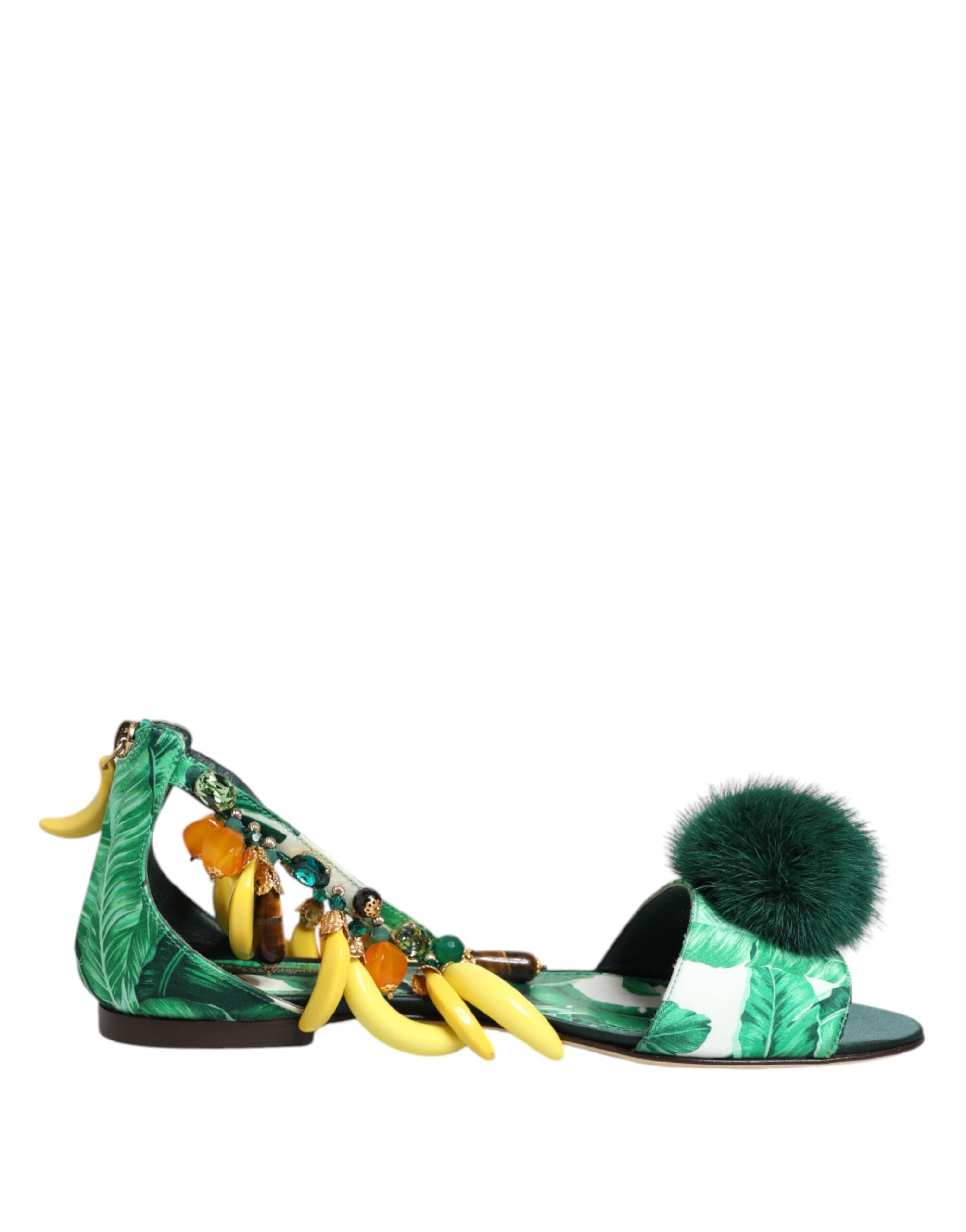 Dolce & Gabbana Green Mink Fur Satin Banana Leaf Sandals Shoes - Luxe Nova