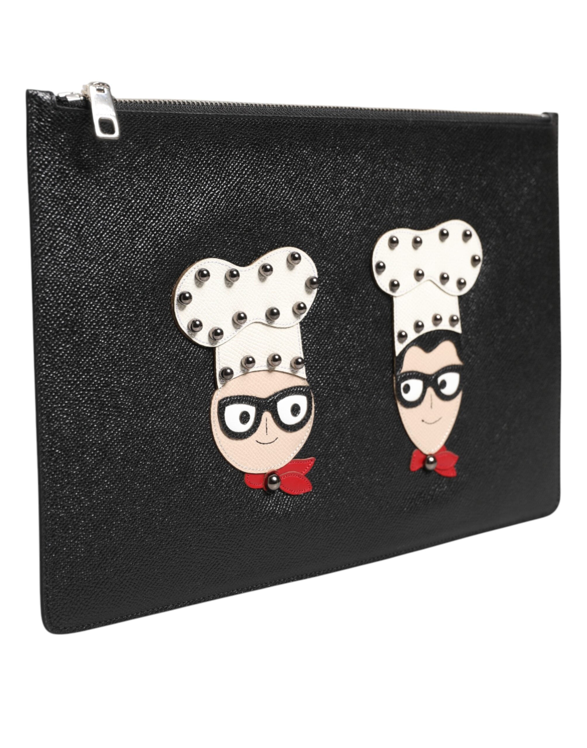 Dolce & Gabbana Black Leather #DGFAMILY Embellished Men Clutch Pouch Bag