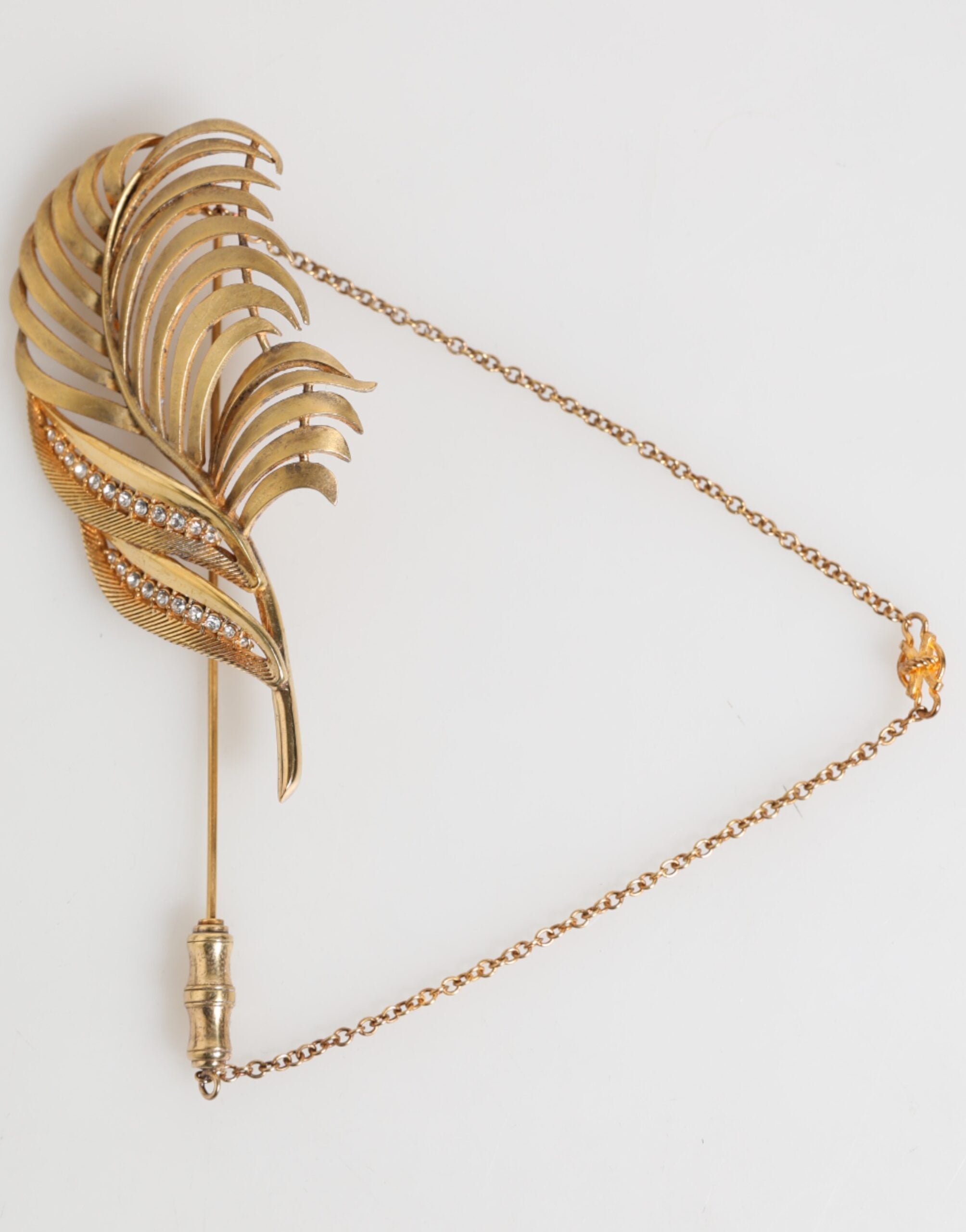 Dolce & Gabbana Gold Tone Leaf 925 Sterling Silver Crystal Chain Brooch