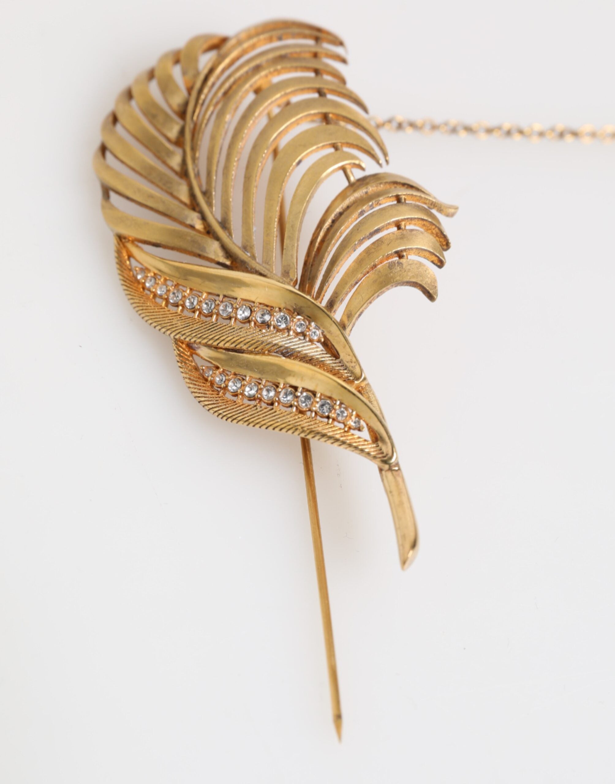 Dolce & Gabbana Gold Tone Leaf 925 Sterling Silver Crystal Chain Brooch