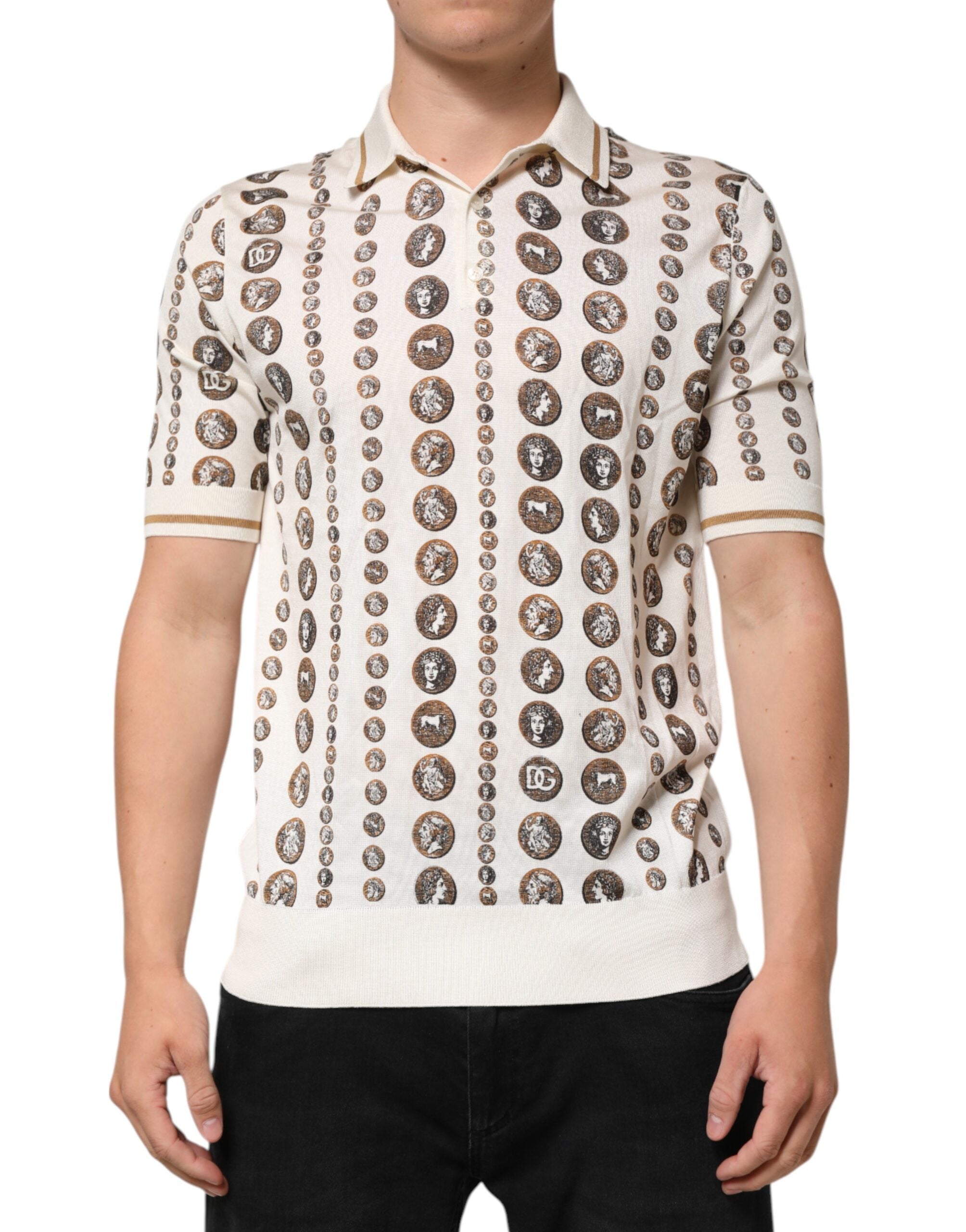 Dolce & Gabbana Silk Ivory Coin Print Logo Men Polo T-shirt - Luxe Nova