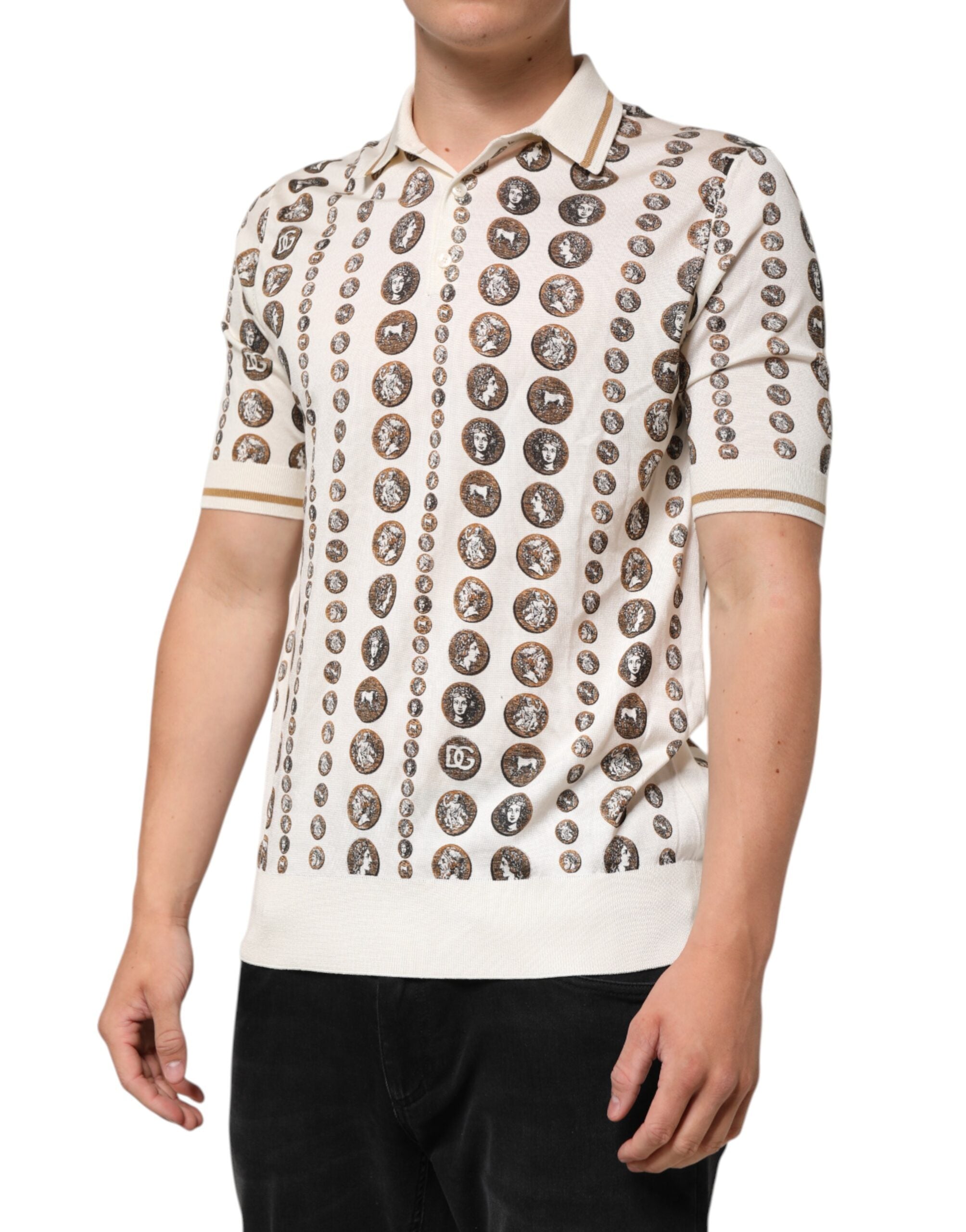 Dolce & Gabbana Silk Ivory Coin Print Logo Men Polo T-shirt - Luxe Nova