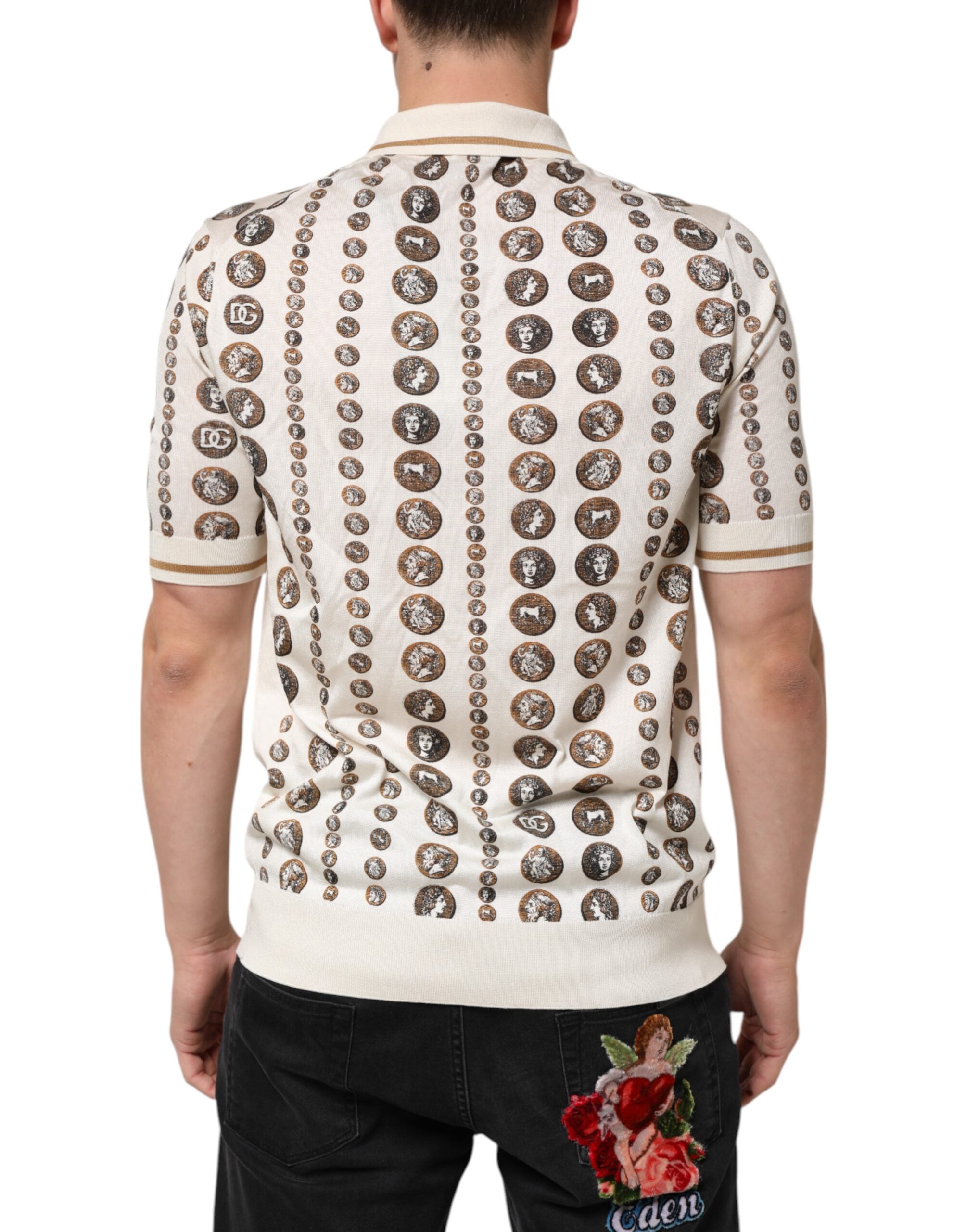 Dolce & Gabbana Silk Ivory Coin Print Logo Men Polo T-shirt - Luxe Nova