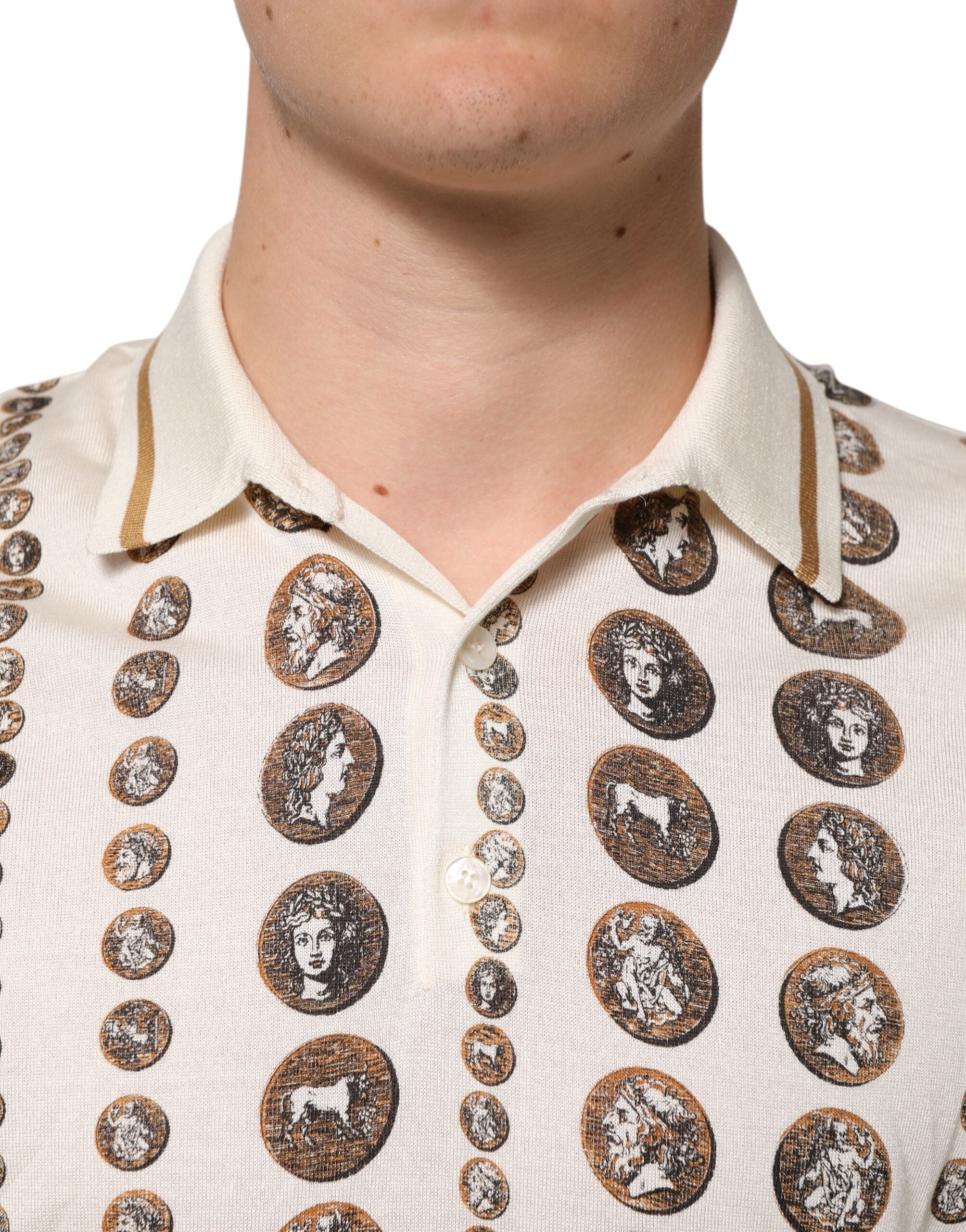 Dolce & Gabbana Silk Ivory Coin Print Logo Men Polo T-shirt - Luxe Nova