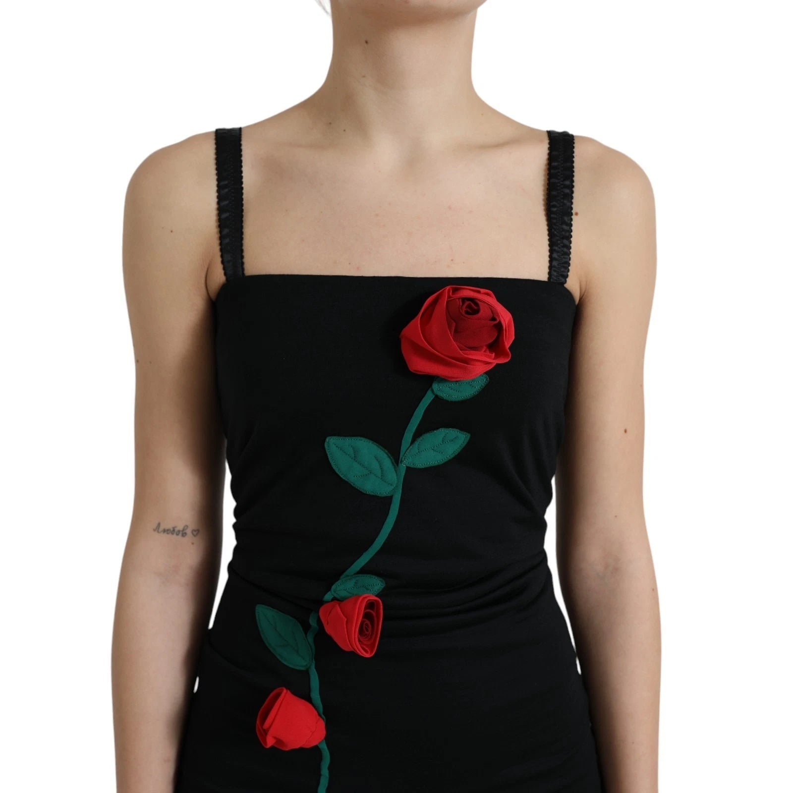 Dolce & Gabbana Black Wool Sleeveless Rose Applique Dress - Luxe Nova
