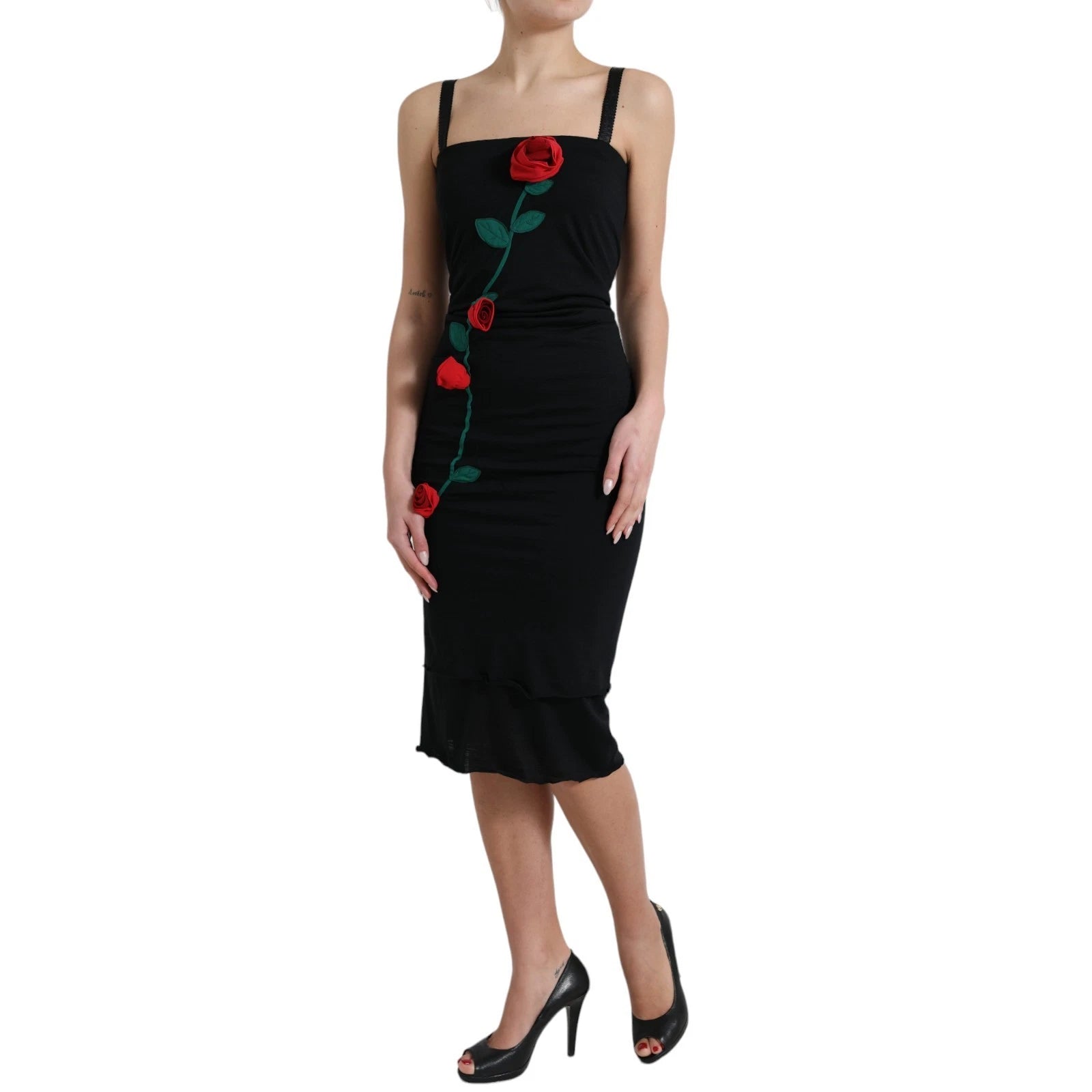 Dolce & Gabbana Black Wool Sleeveless Rose Applique Dress - Luxe Nova