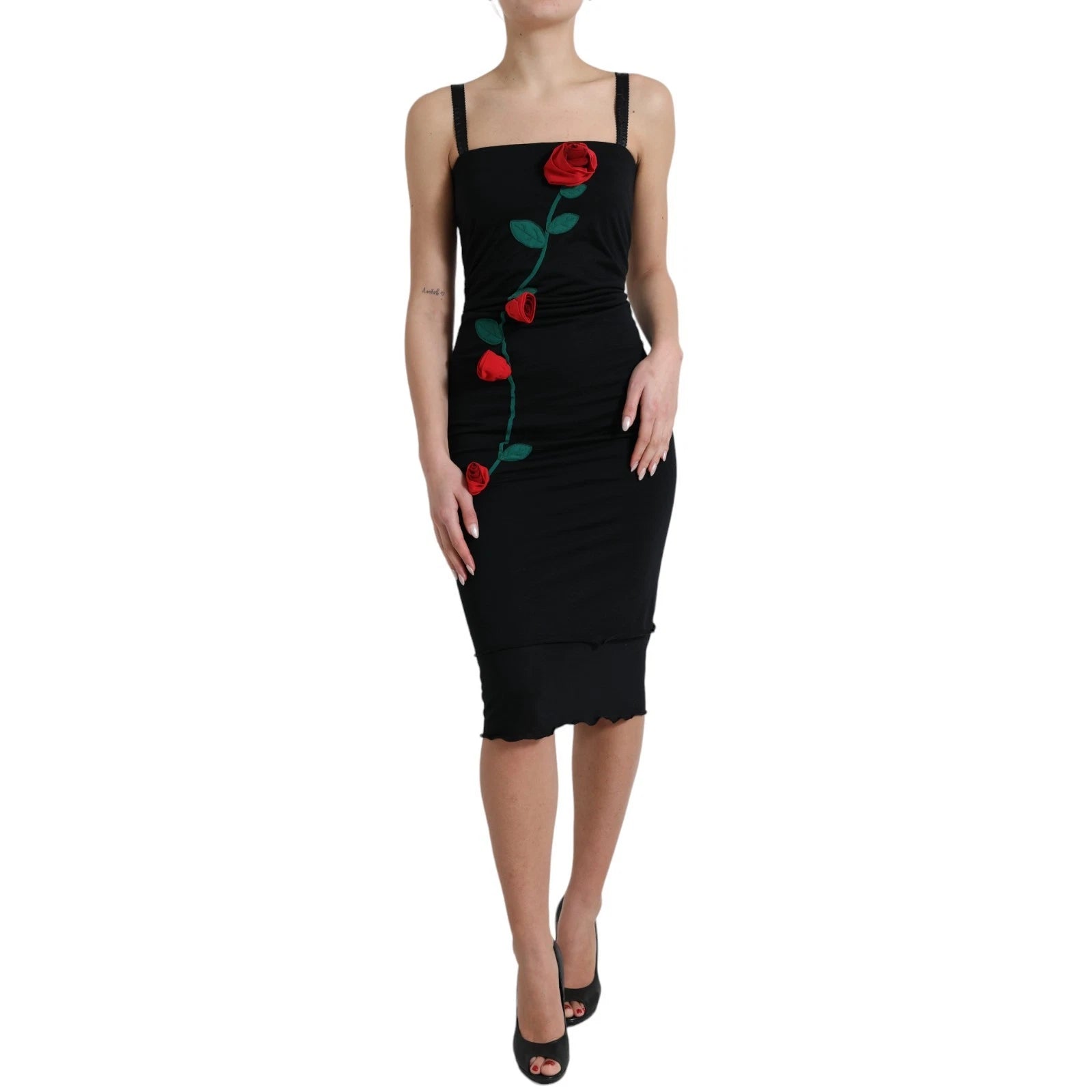Dolce & Gabbana Black Wool Sleeveless Rose Applique Dress - Luxe Nova