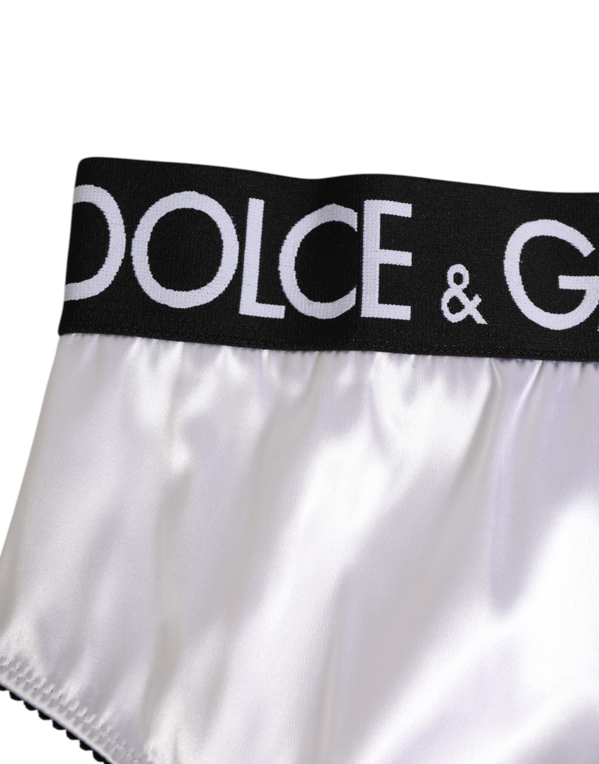 Dolce & Gabbana White Satin High-Waist Black Logo Women Underwear