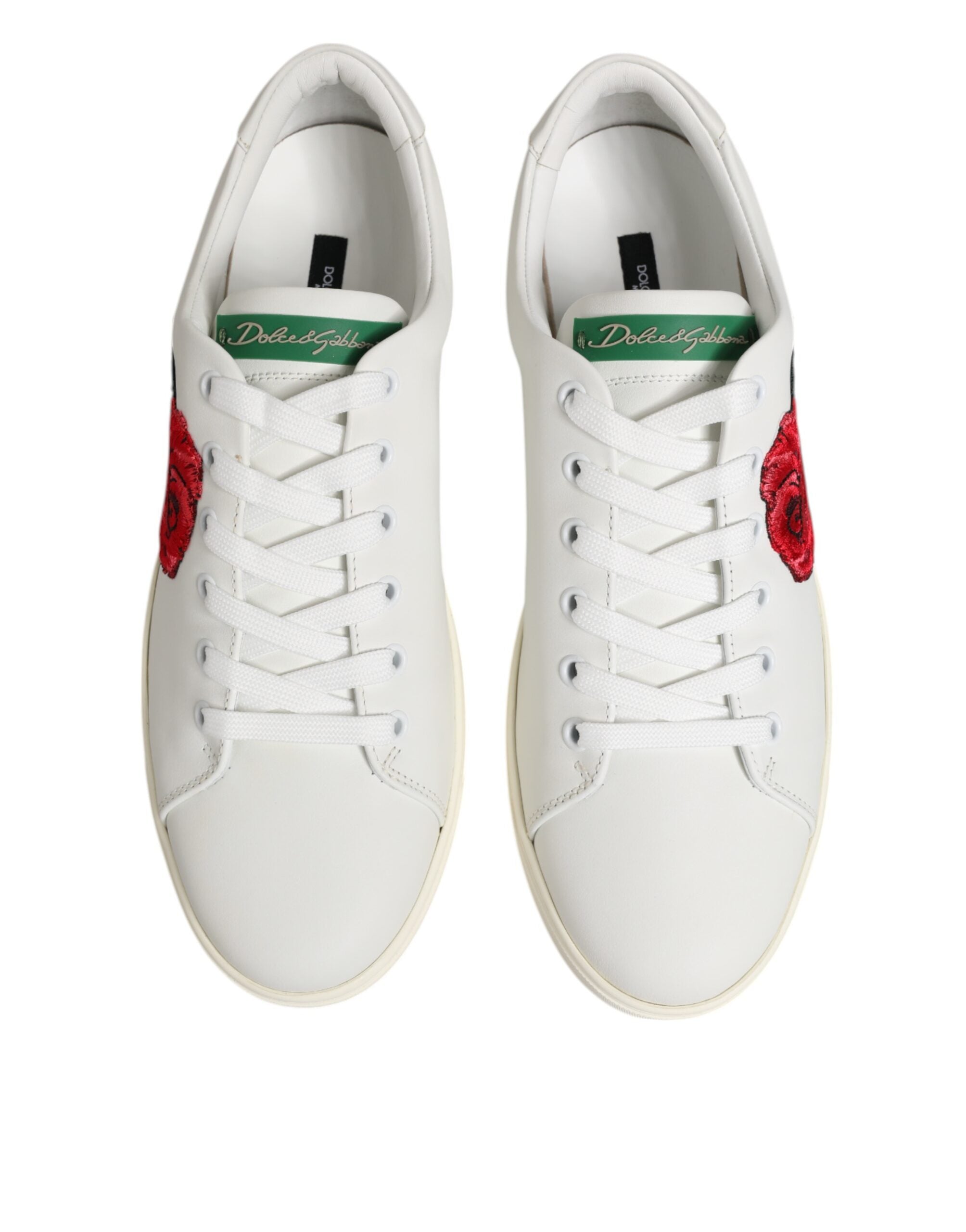 Dolce & Gabbana White Leather Rose Embroidery Low-Top  Shoes - Luxe Nova